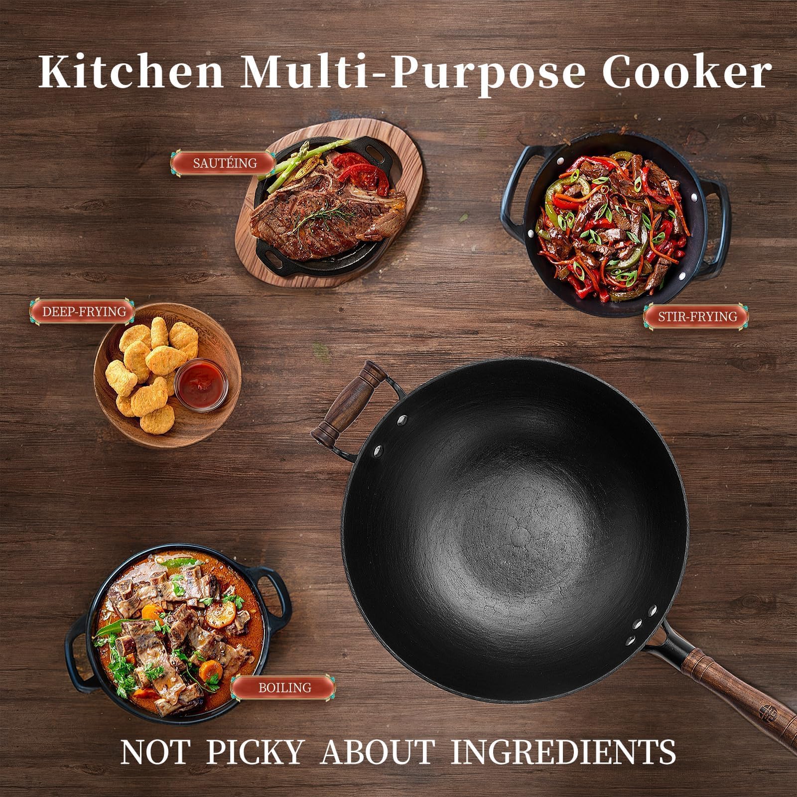 WANGYUANJI 12.59 Inch Cast Iron Wok with Glass Lid - Flat Bottom Uncoated Skillet for Gas, Electric & Induction Cooktops - Healthy Stir Fry Pan for Asian Cooking, Sautéing & Deep Frying