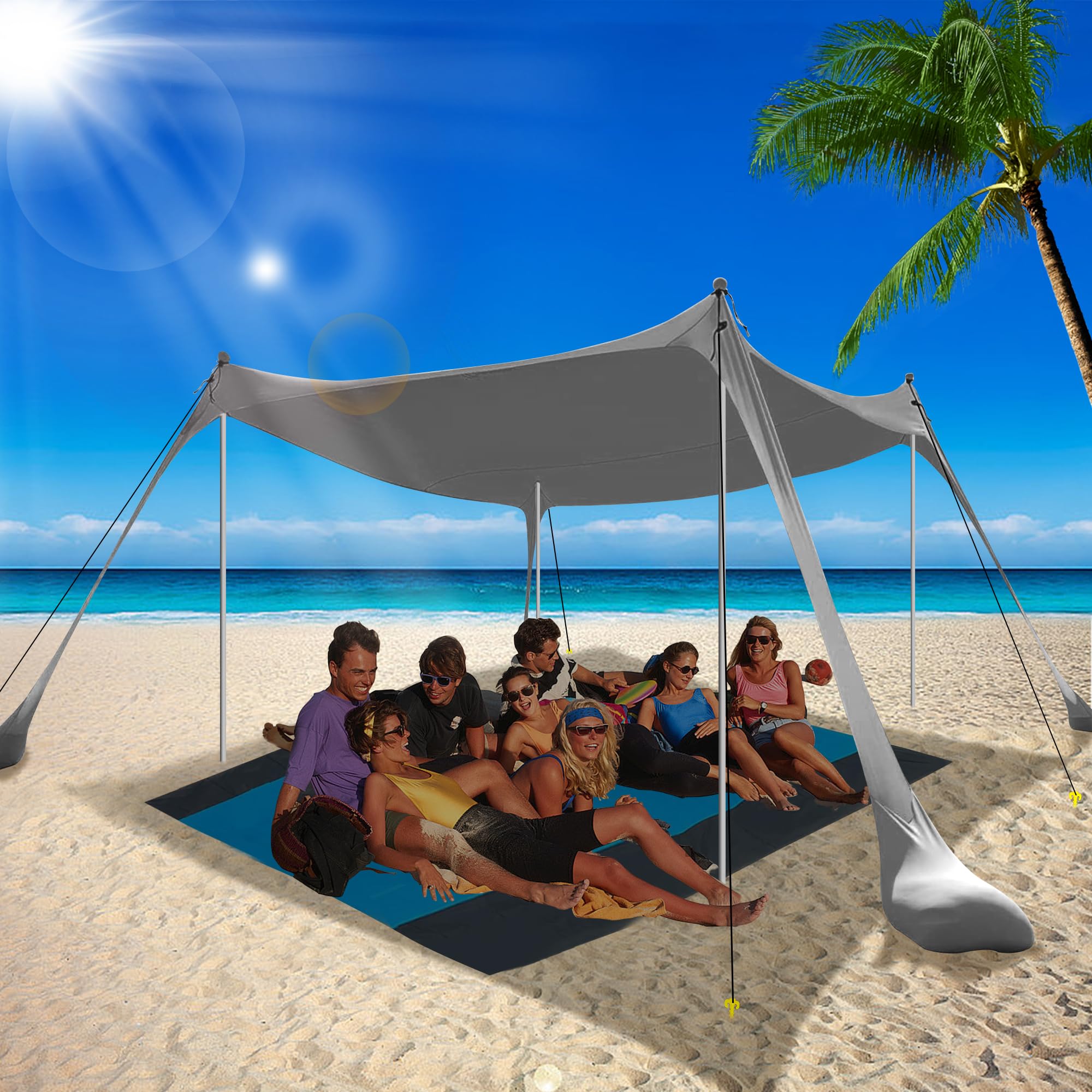 BOTINDO Family Beach Tent Canopy - Pop Up Sun Shade Shelter with 4 Stability Poles & Carry Bag - Portable Outdoor Shade for Beach, Fishing, Camping, Backyard & Picnic Use