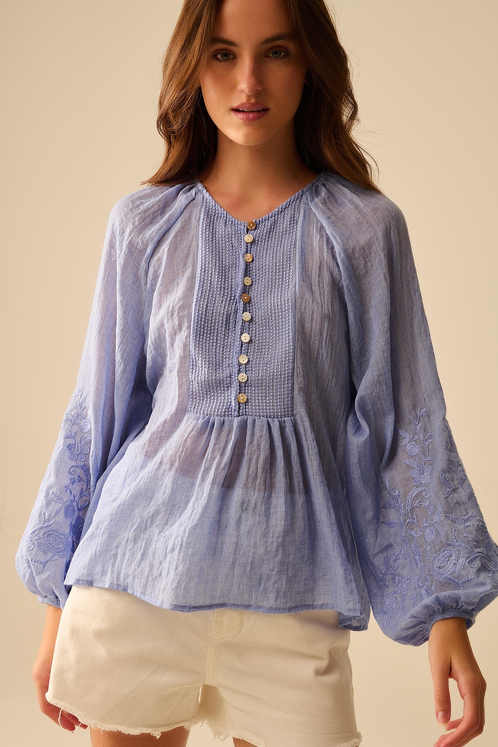 Blue Silk Chiffon Blouse with Embroidered Sleeves - Elegant Women's Top for Office Wear, Parties & Special Occasions