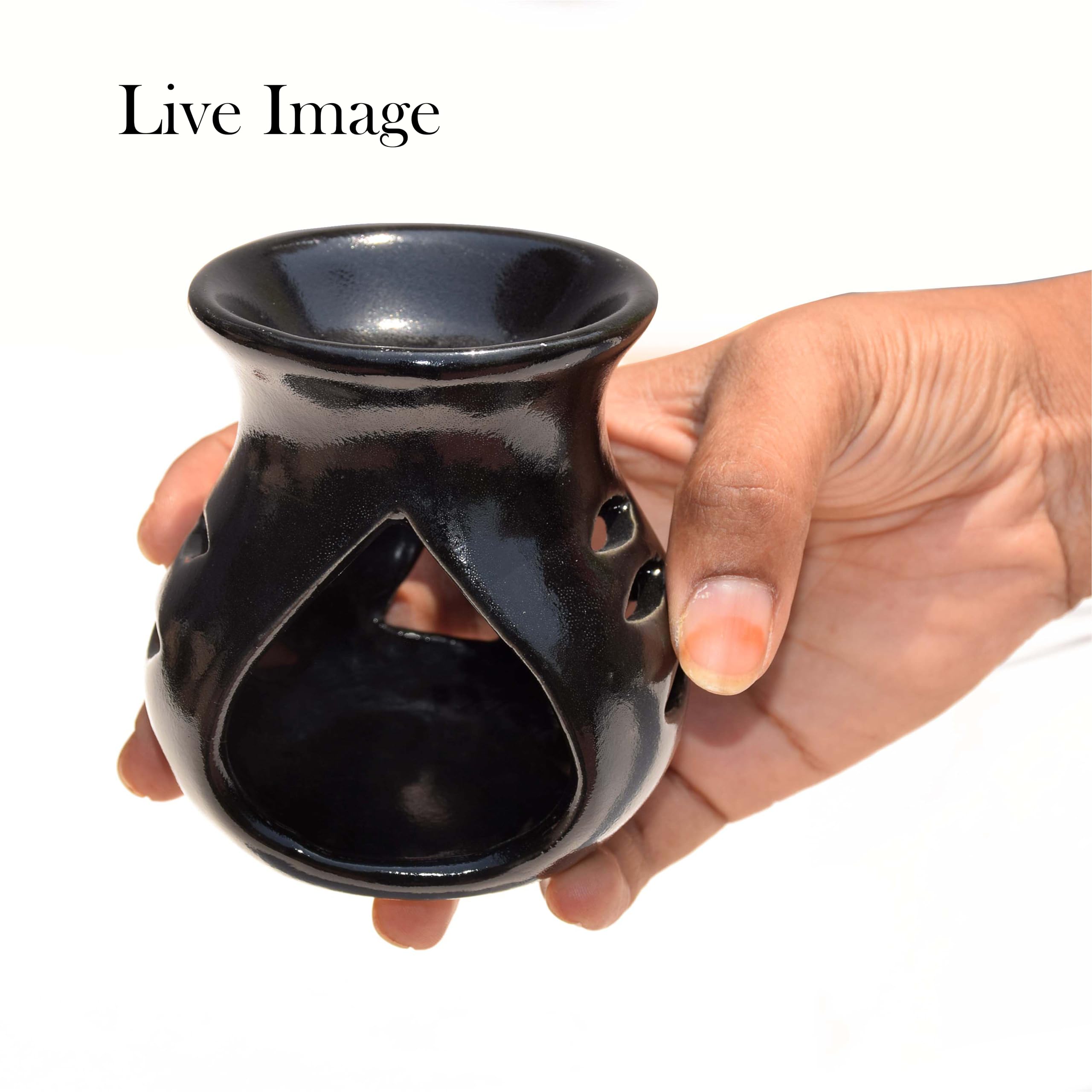 Pure Source India Ceramic Clay Candle Operated Aroma Diffuser - Black 9cm Essential Oil Burner for Home, Yoga, Spa & Meditation Relaxation