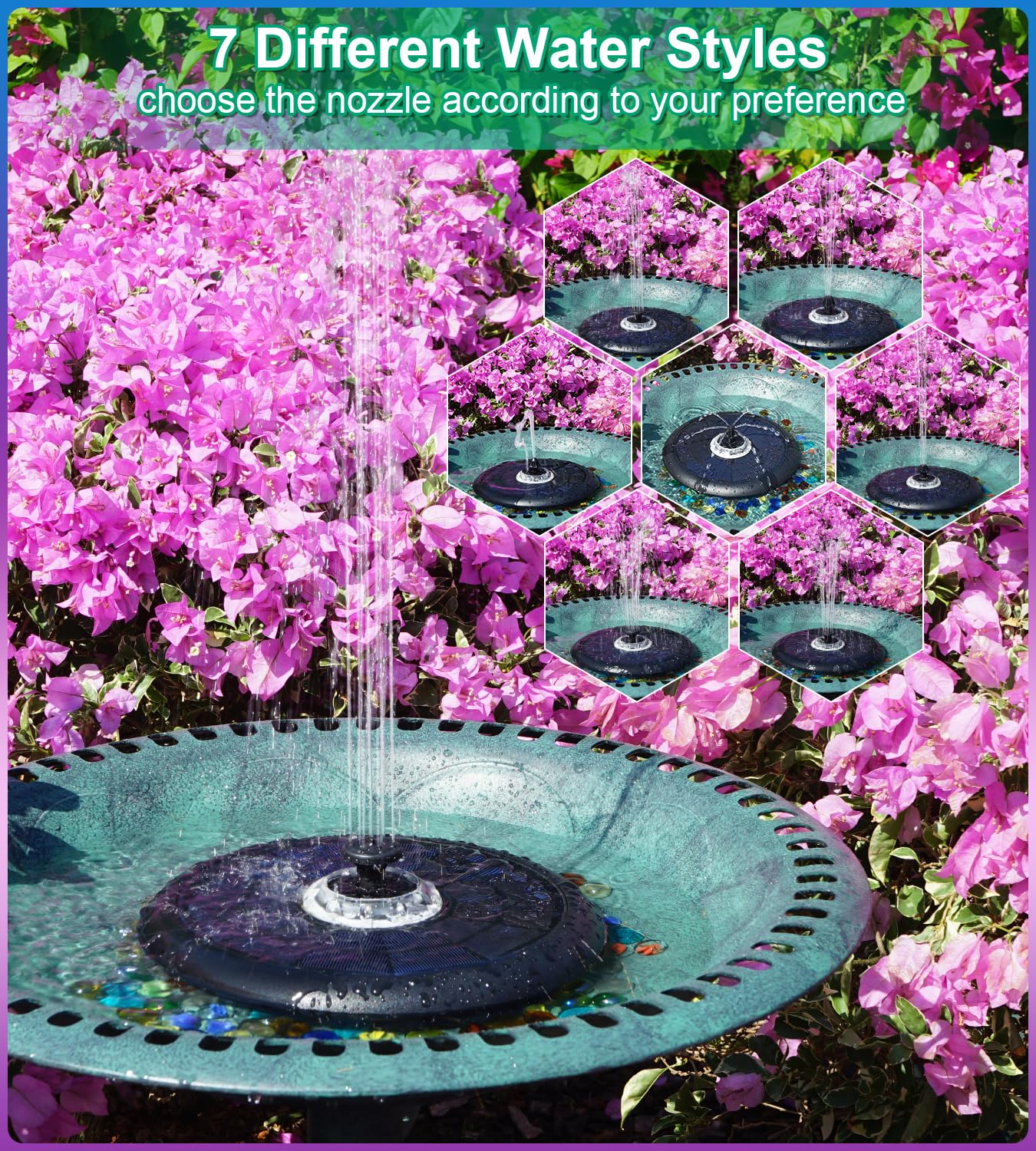2024 Upgraded SZMP Solar Fountain Pump with 4000mAh Battery & UFO Lights - 5W Solar Powered Bird Bath Fountain with 7 Nozzles & 4 Fixers - Perfect for Garden, Pond, Pool Decor & Outdoor Water Features (Ideal for Backyard, Patio, and Bird Watching Areas)