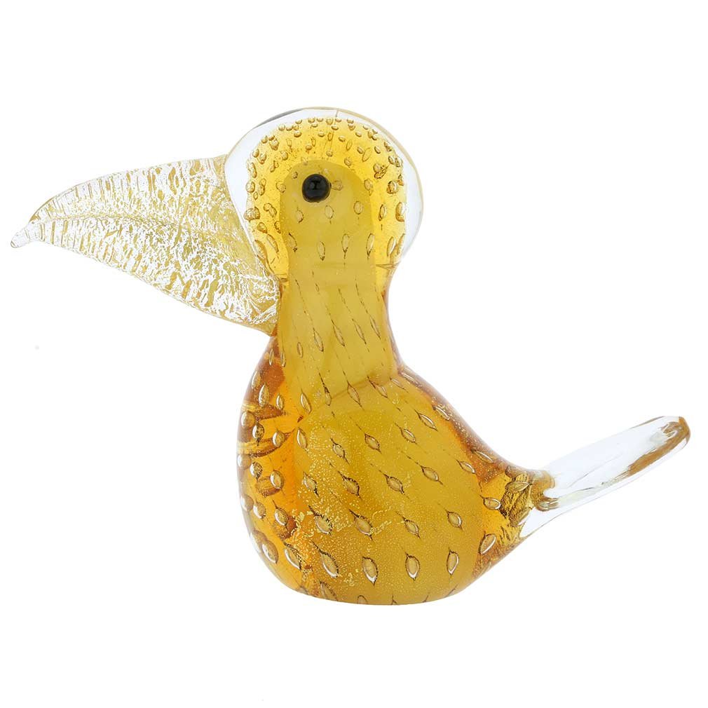 Authentic Murano Glass Toucan Figurine - Handcrafted Venetian Bullicante Art in Topaz Gold | Perfect for Home Decor, Gift, and Collectibles