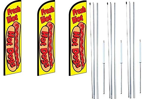 OnPoint Wares Hot Dogs King Feather Flag Sign Kit - Complete Hybrid Pole Set (Pack of 3) - Perfect for Tailgating, BBQ Parties & Sports Events