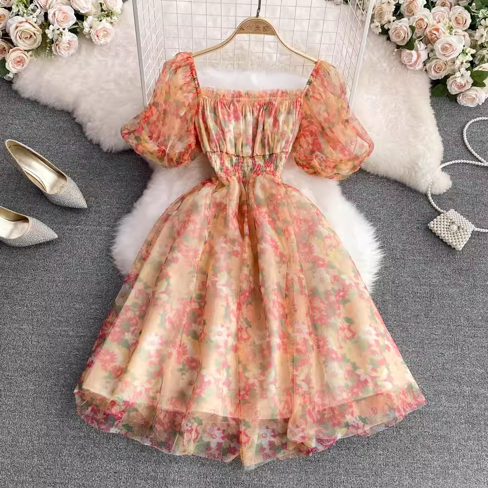 French Square Neck Floral Print Dress - Summer Retro Sweet Chic Women's Dress 1771 | Perfect for Beach Vacations, Garden Parties & Date Nights