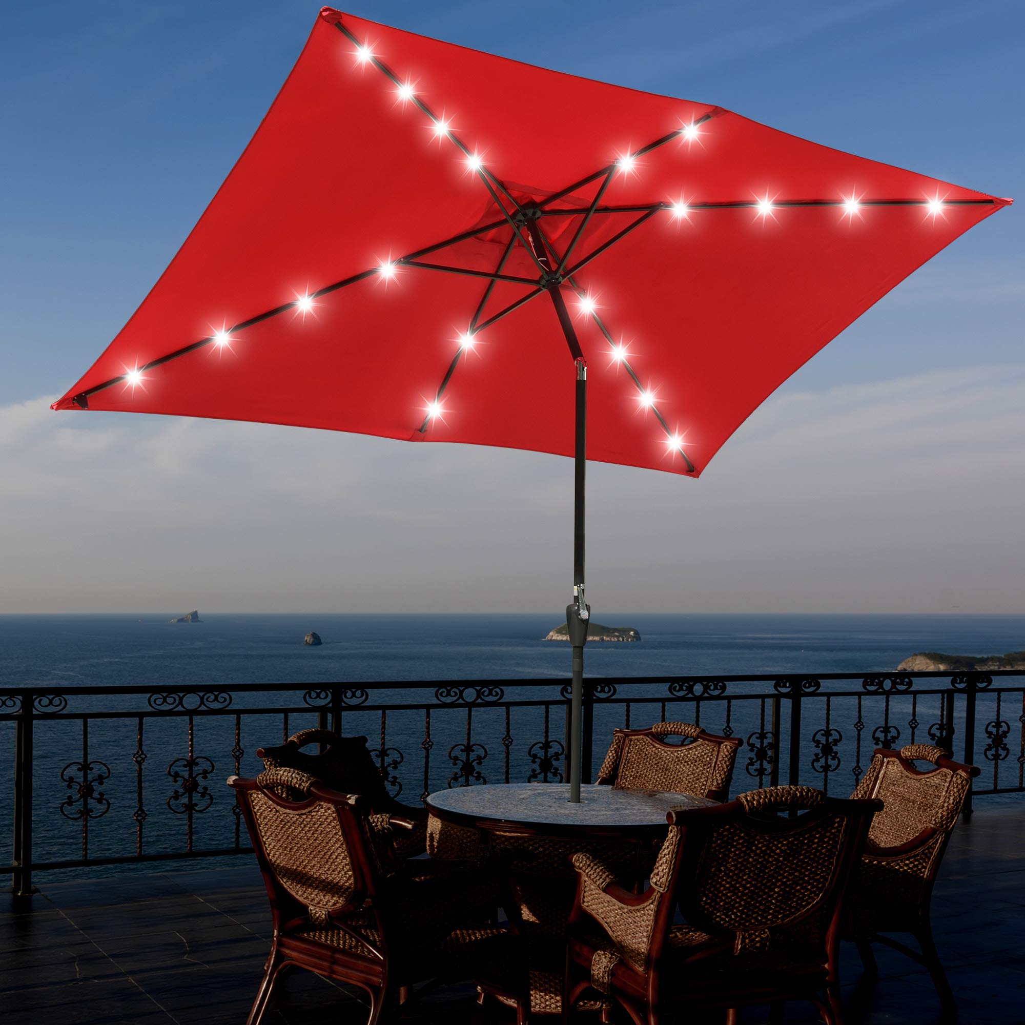 Yescom 10x6.5ft Red Outdoor Patio Umbrella with Solar LED Lights - Crank & Tilt Aluminum Market Umbrella for Beach, Poolside, Garden & Backyard Relaxation
