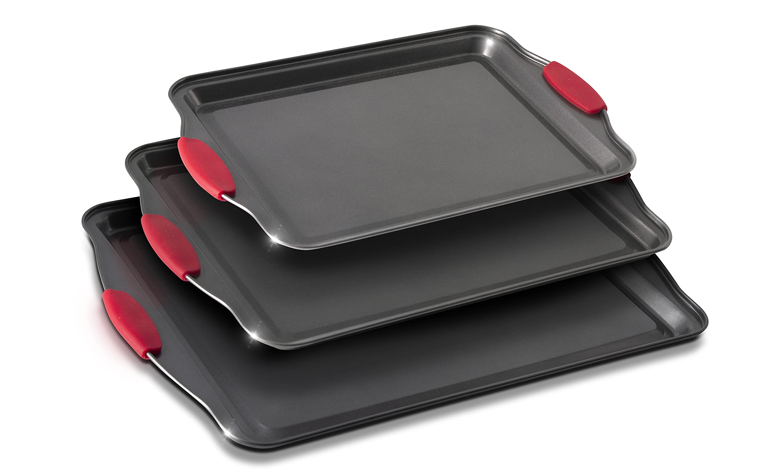 Non-Stick Baking Pans Set of 3 - Large Black Cookie Sheets with Red Silicone Handles for Perfect Cookies, Cakes & Pastries | Ideal for Home Baking, Holiday Treats & Party Desserts