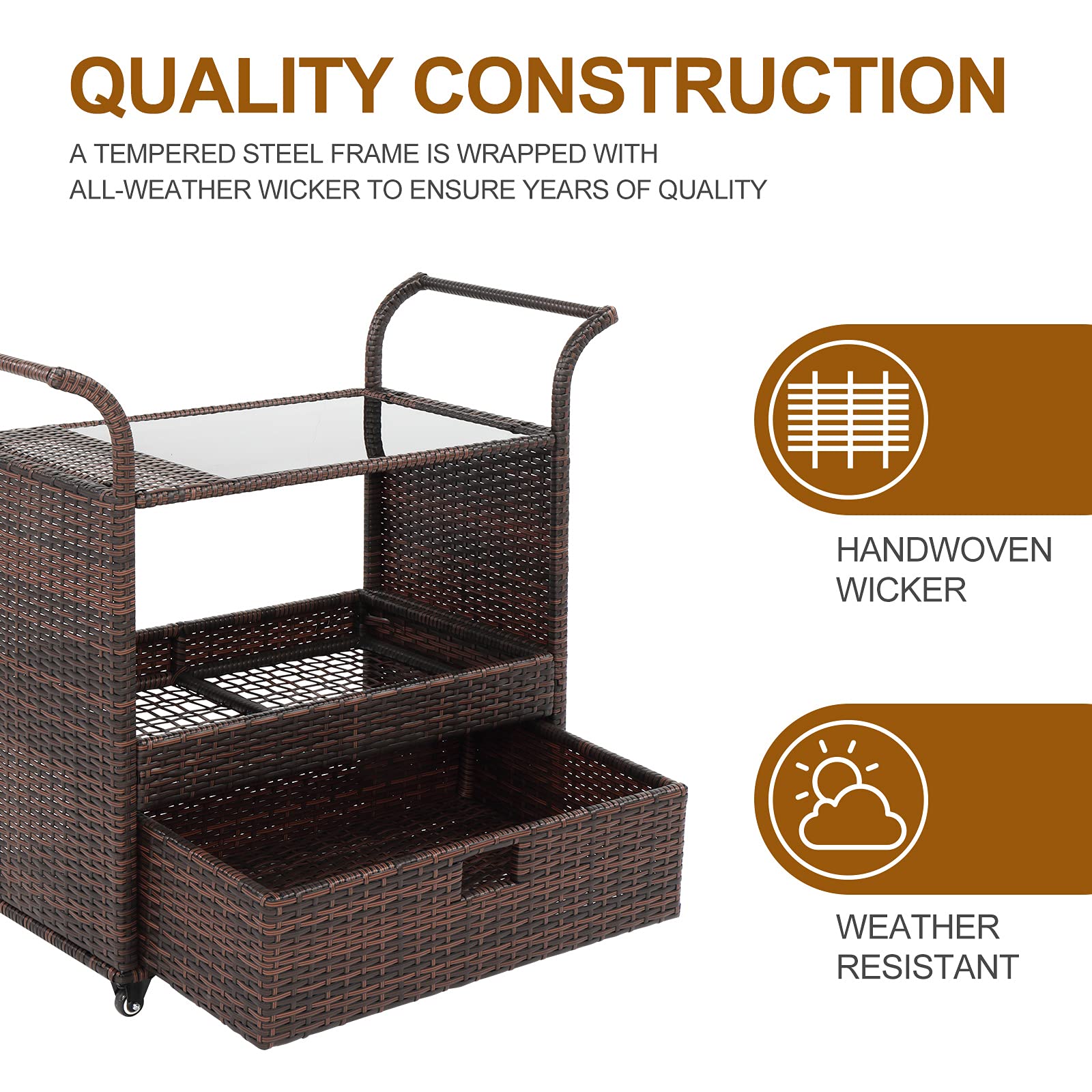 Henf Outdoor Rolling Wicker Bar Cart - Rattan Beverage Serving Cart with Glass Top, Storage Drawer & Compartments | Perfect for Patio, Pool Party, Backyard, Porch & Garden Entertaining