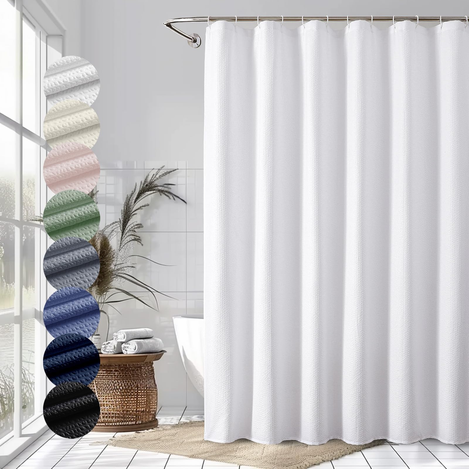 OVZME White Embossed Textured Fabric Shower Curtain - Water Repellent Luxury Hotel Spa Bathroom Decor (72x72 Inches) | Soft Machine Washable Cloth for Modern Bathrooms & Guest Suites