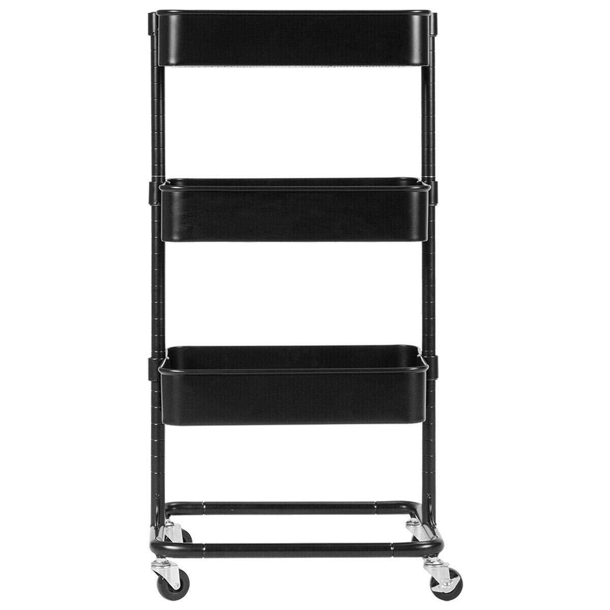 CompreDH 3-Tier Rolling Storage Cart with Adjustable Shelves - Black Kitchen Utility Cart on Wheels for Organizing Pantry, Bathroom, or Office Supplies