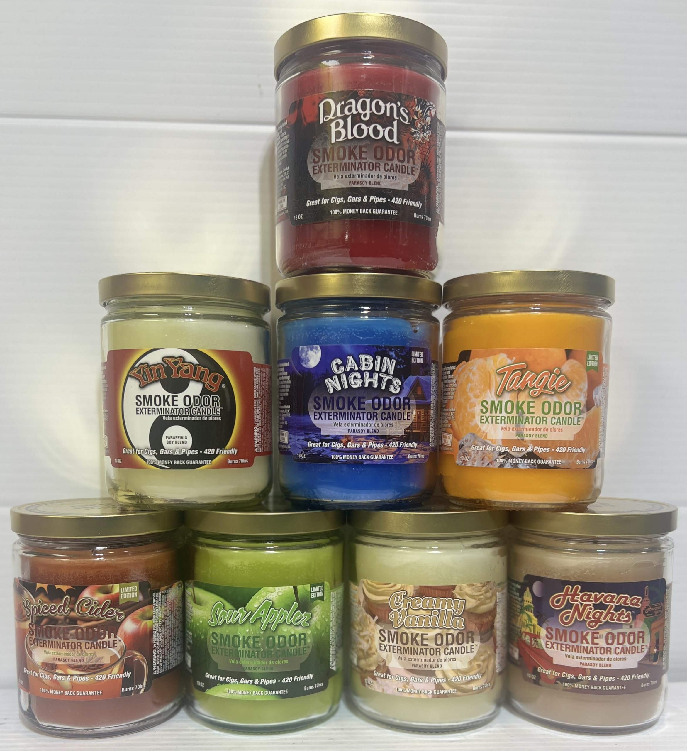 Dragon's Blood Scented Candle Set - 13 oz Smoke Odor Eliminator Jar Candles (8 Varieties: Dragon's Blood, Creamy Vanilla, Sour Apple, Yin Yang, Cabin Nights, Tangie, Havana Nights & Spiced Cider) - Perfect for Home, Office, Yoga Studio & Meditation Space Aromatherapy