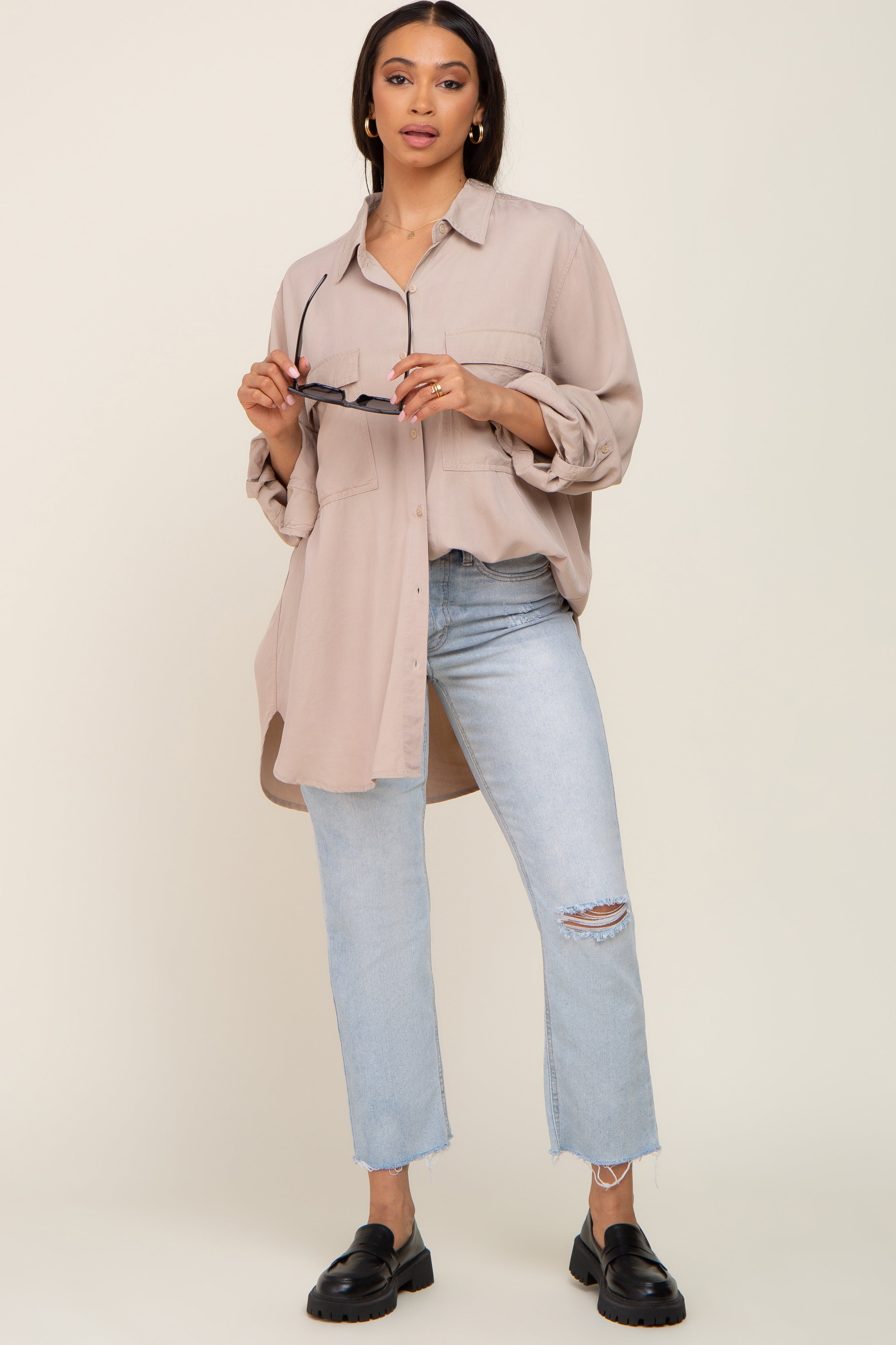Beige Oversized Maternity Button Down Blouse for Women - Comfortable Pregnancy Shirt with Long Sleeves - Perfect for Work, Casual Wear & Nursing