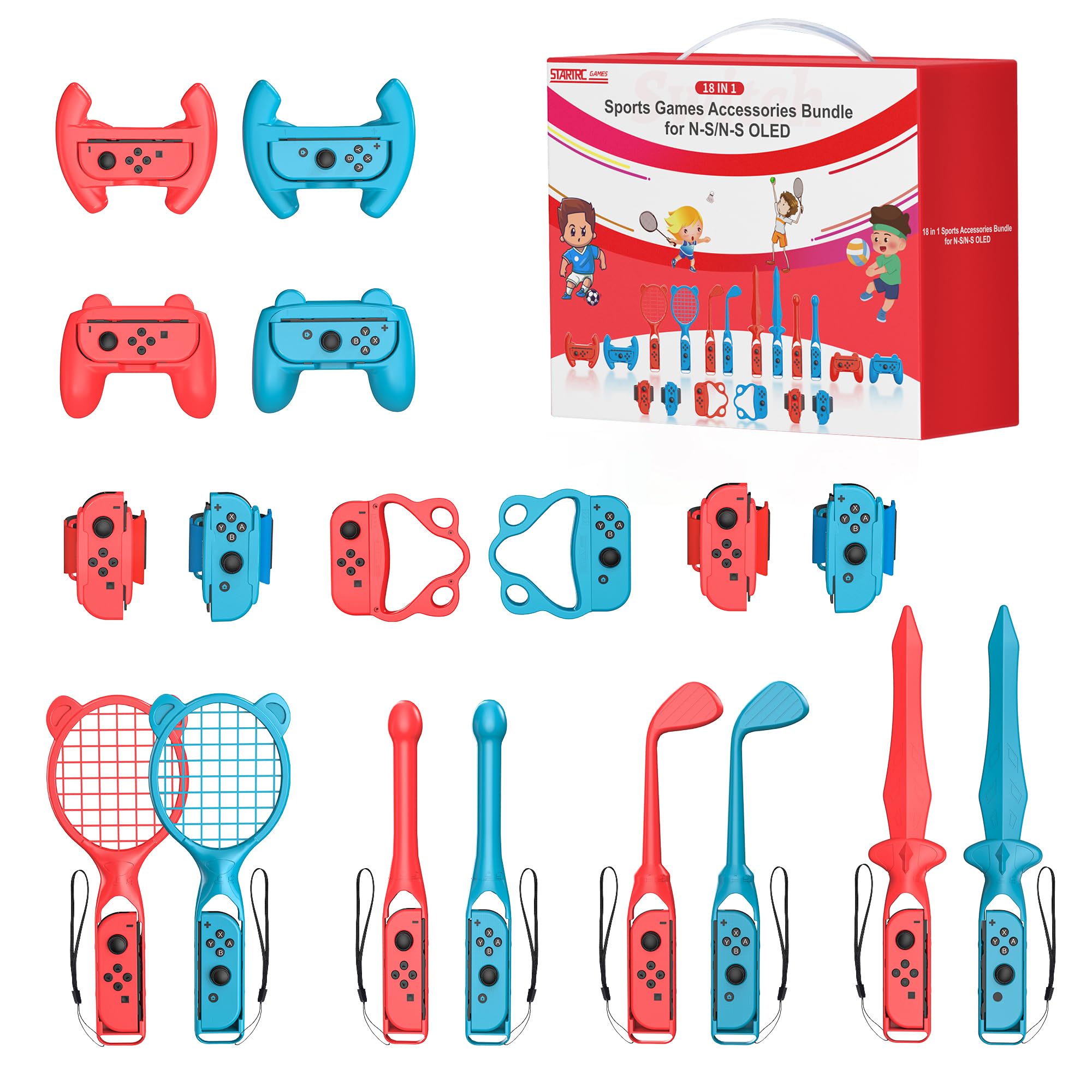 Nintendo Switch Sports Accessories Bundle - 18-in-1 Kit for Switch & Switch OLED | Tennis Racket, Golf Club, Sword Grip | Perfect for Family Game Night & Multiplayer Sports Games