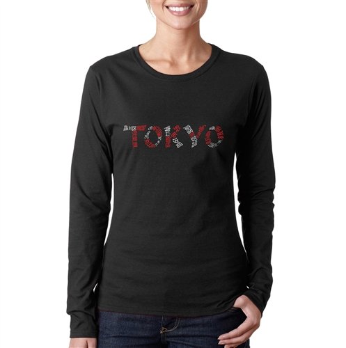 Women's Word Art Long Sleeve T-Shirt - Tokyo Neighborhoods Graphic Tee - Black XL - Casual Streetwear & Japanese Culture Inspired Fashion