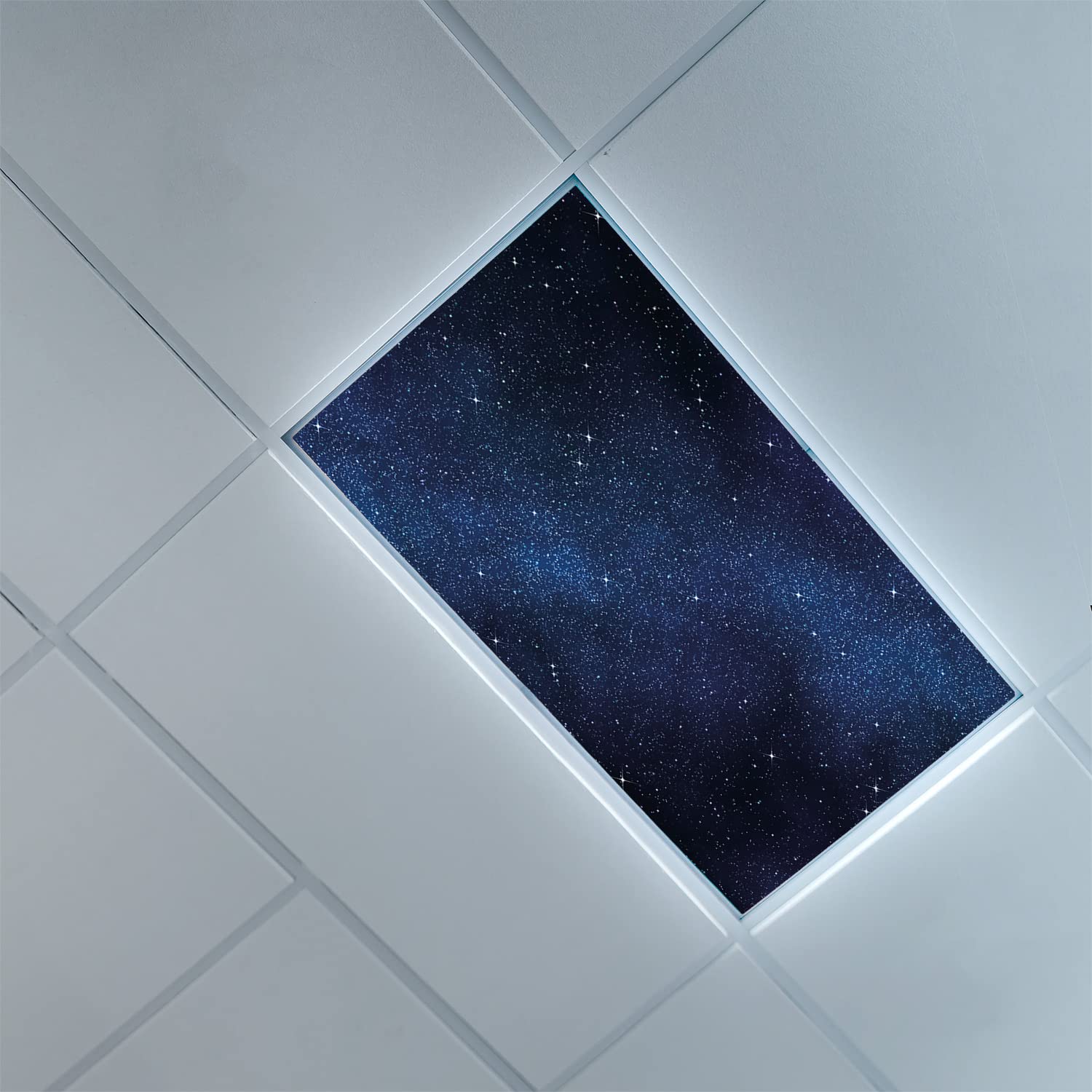 Night Sky Pattern Fluorescent Light Covers for Classroom & Office - 2ft x 4ft Drop Ceiling Decorative Panels (Dark Blue & White) - Reduce Glare & Create Calming Atmosphere for Learning & Working