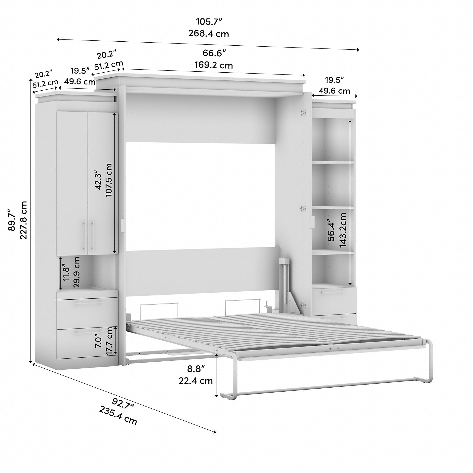 Bestar Orion Queen Murphy Wall Bed with Storage Cabinet & Tall Shelf with Drawers - Space Saving Fold Down Bed for Small Rooms, Guest Rooms & Apartments (106W, White & Walnut Grey)