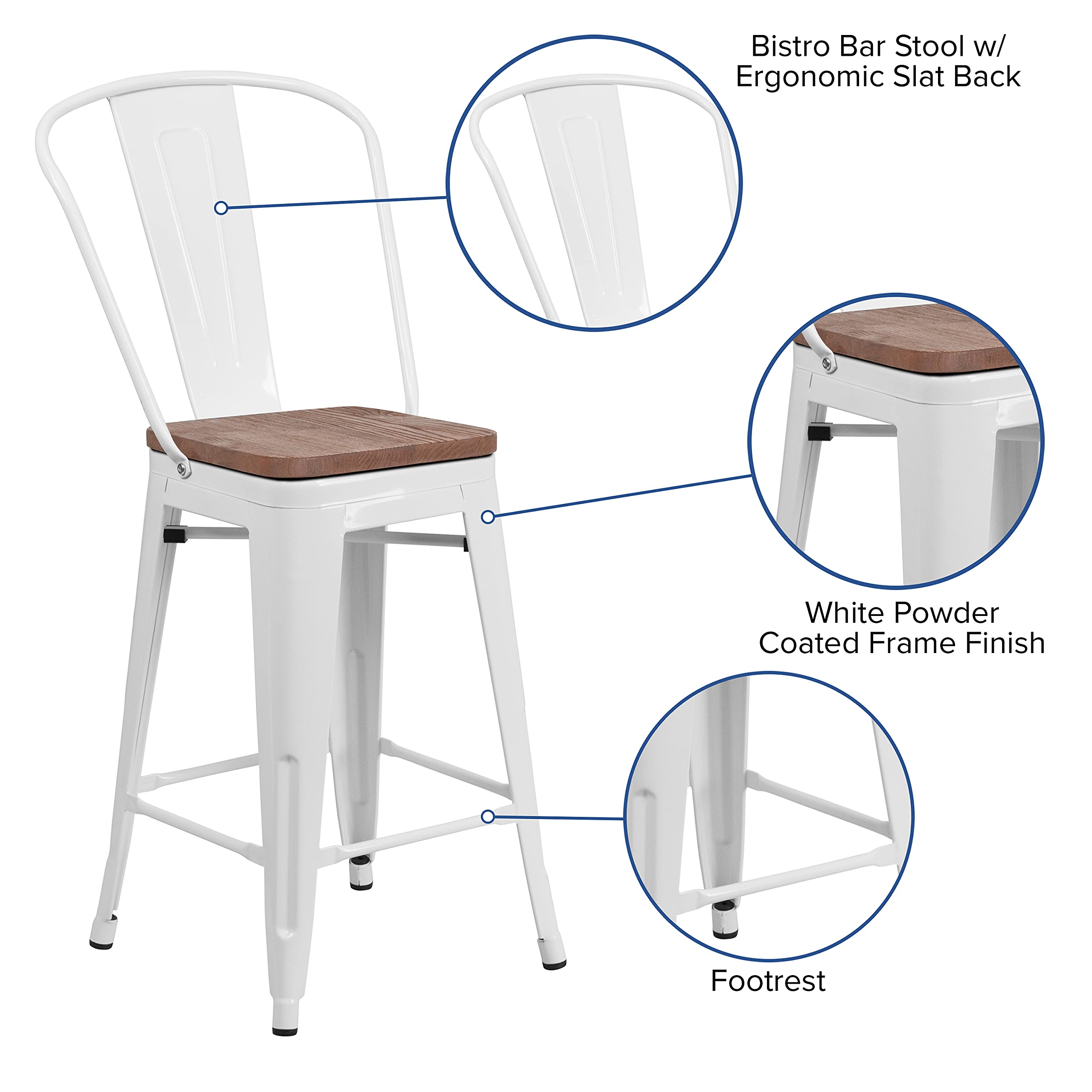 EMMA & OLIVER 24 Inch White Metal Counter Height Bar Stool with Wood Seat & Back Support - Perfect for Kitchen Islands, Breakfast Bars & Dining Tables