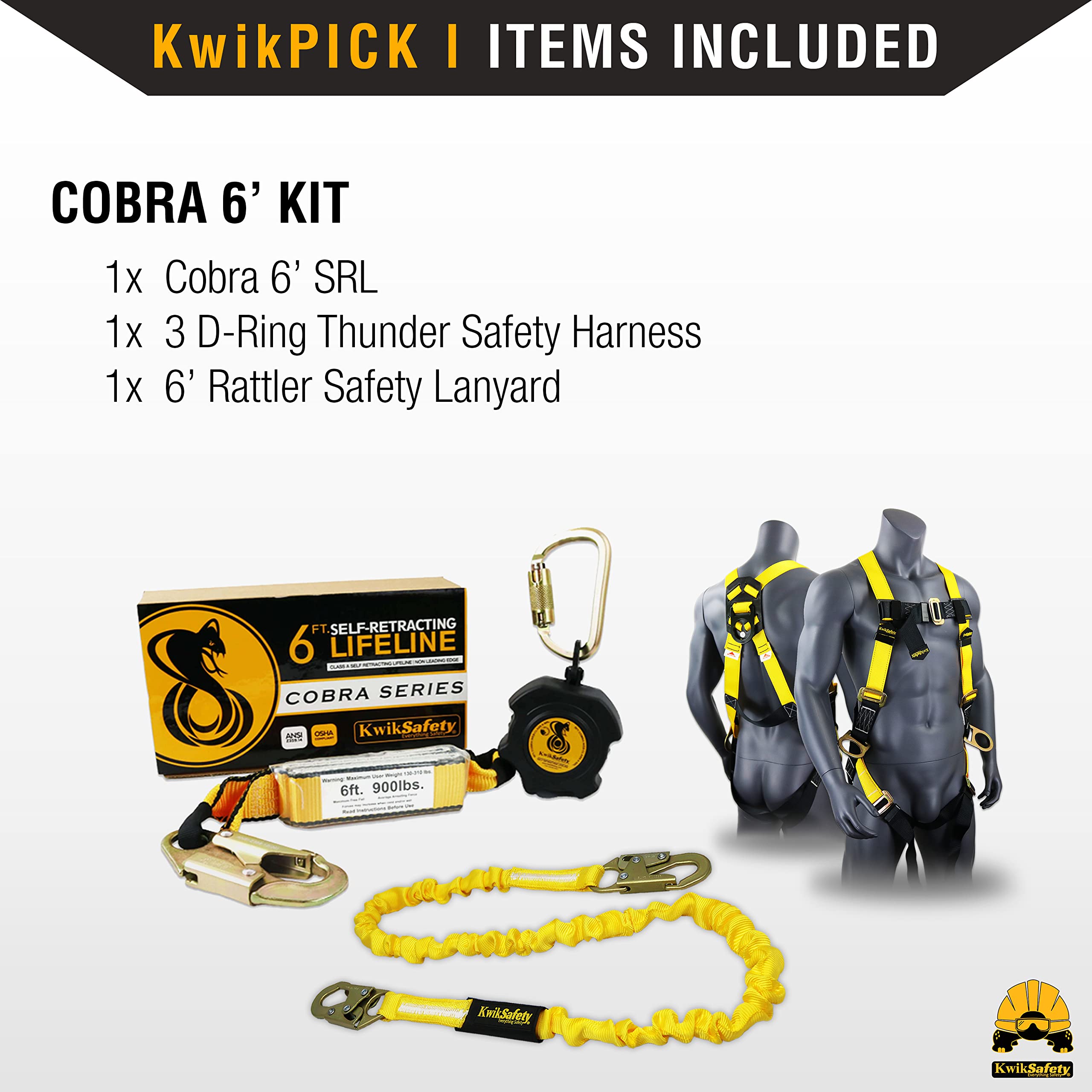 KwikSafety Cobra Web 6FT Fall Protection Kit - ANSI/OSHA Compliant Retractable Lifeline, 3 D-Ring Safety Harness & 6FT Lanyard for Construction, Roofing & Industrial Work | Self-Retracting SRL Fall Arrest System PPE Gear
