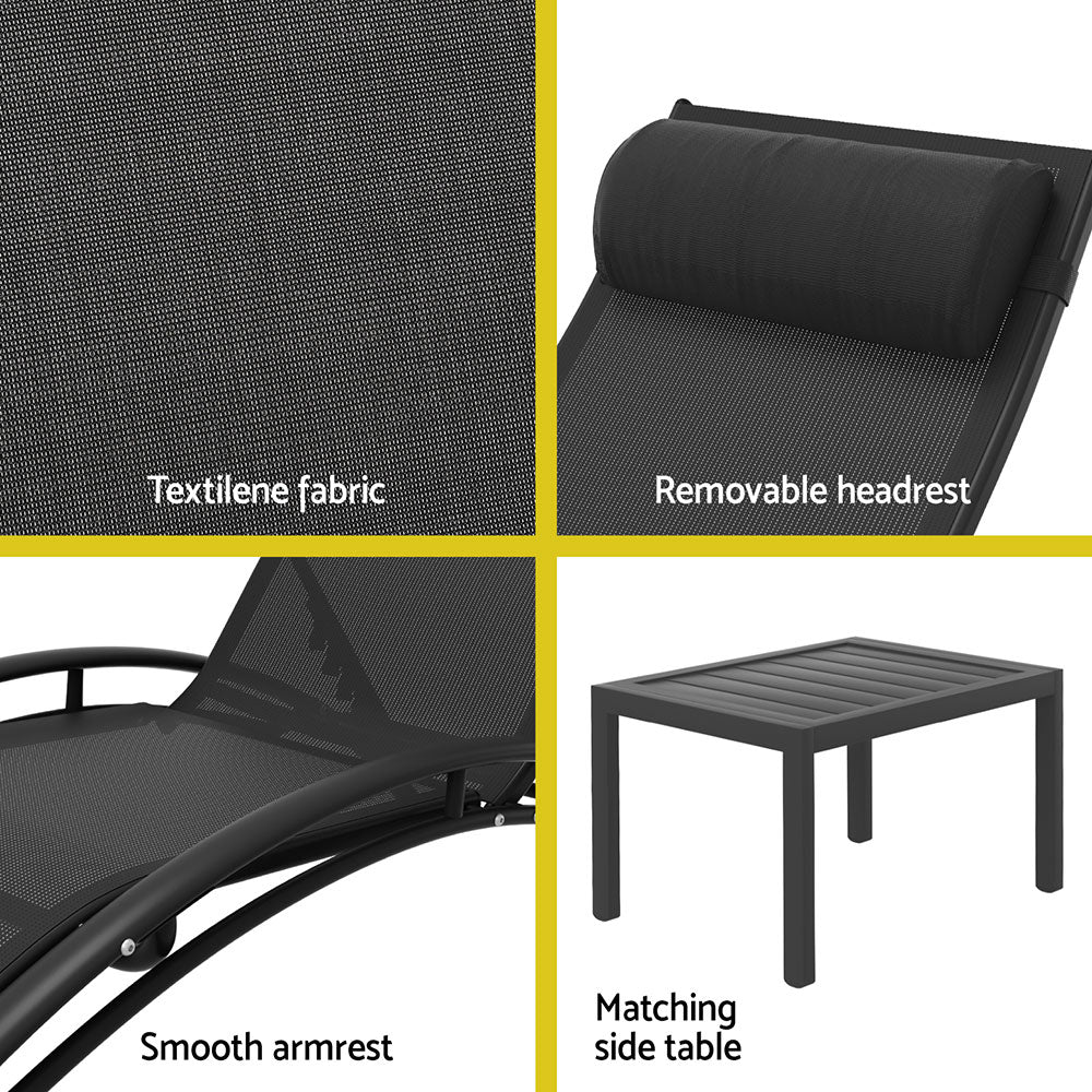 3-Piece Black Sun Lounger Set - Outdoor Patio Furniture for Poolside, Beach, and Garden Relaxation