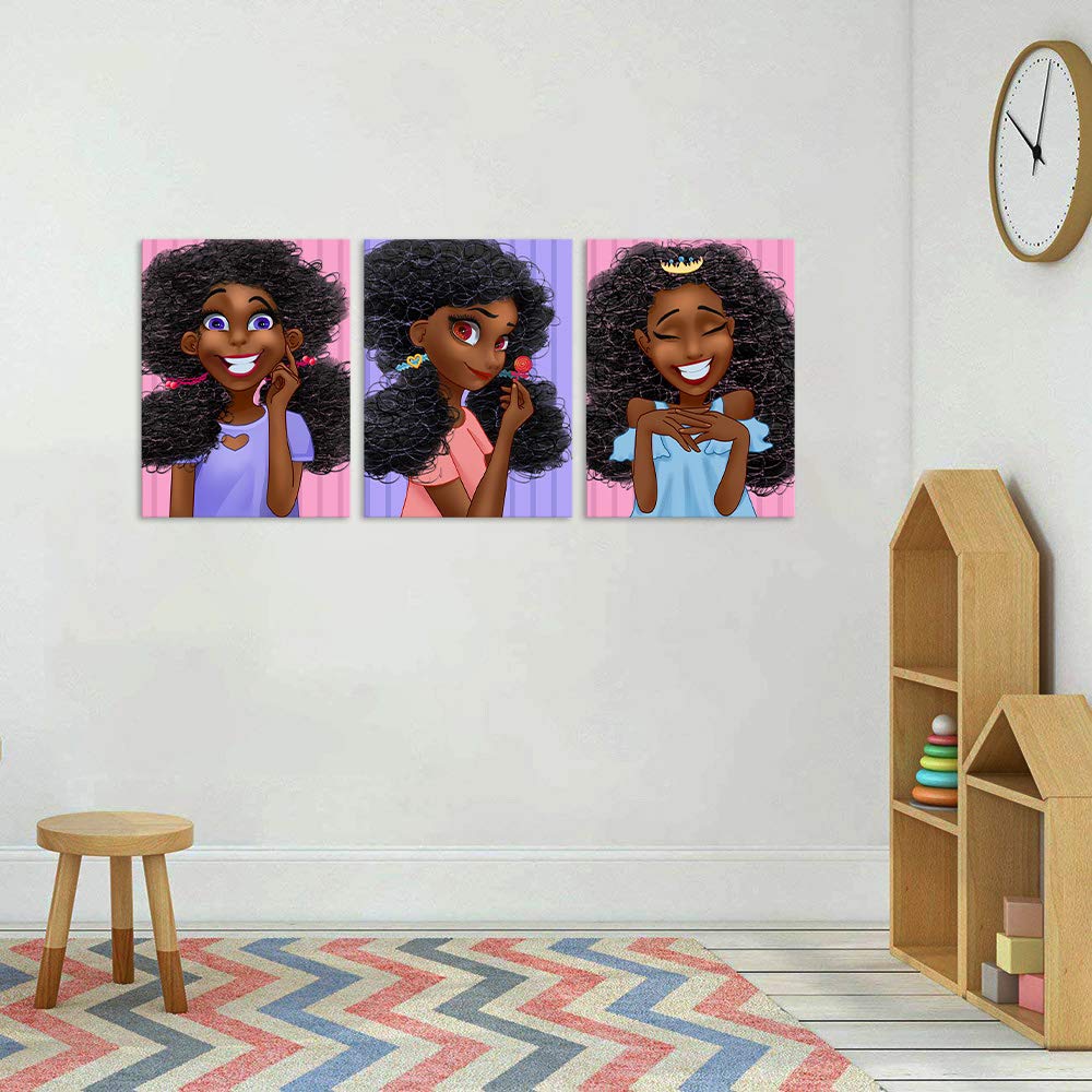 Black Girl Canvas Wall Art 3-Panel Set - Pink Afrocentric Paintings for Girls Bedroom, Kids Room & Nursery Decor - Hippie Wall Art for Living Room, Bathroom, Dorm - Ready to Hang (Perfect for Birthday Gifts, Baby Showers & Room Makeovers)