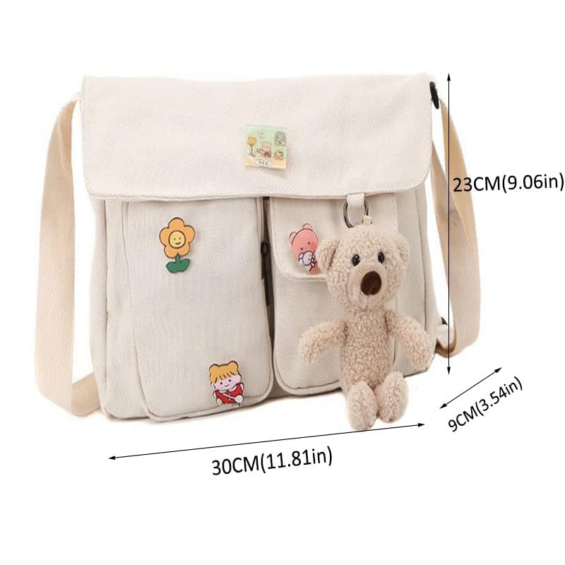 Stylish Canvas Crossbody Bag for Women - Cute Messenger Purse with Pins & Pendant - Fashionable Shoulder Bag for School, Work & Daily Use