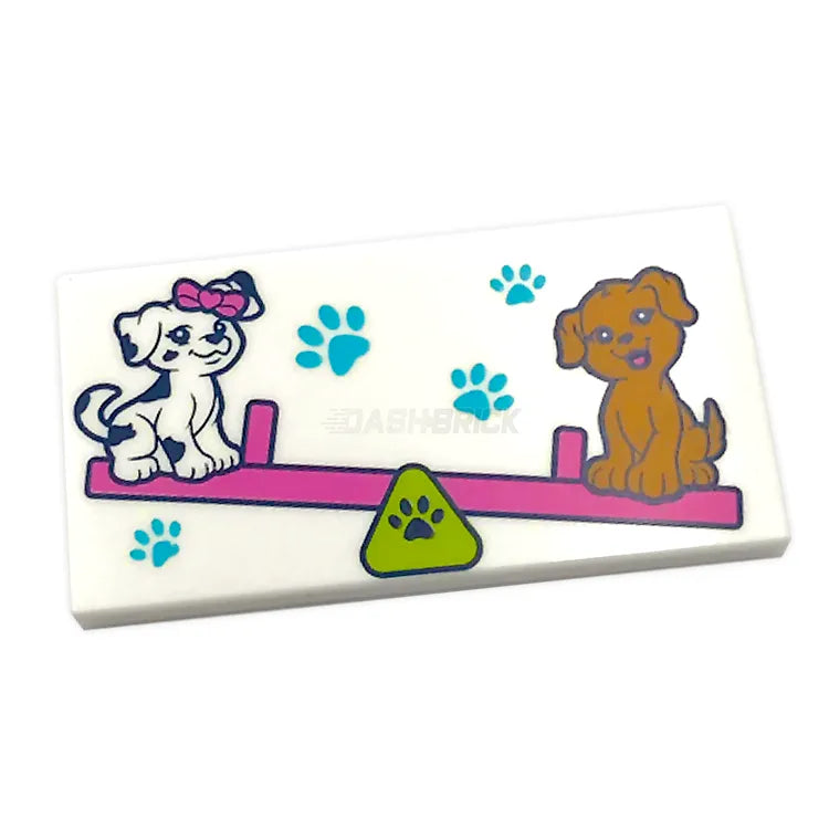 **LEGO Minifigure Accessory - Paw Prints Tile 2x4 with 2 Dogs on Seesaw (87079pb1103) | Perfect for LEGO City, Pet Shop & Animal-Themed Builds**