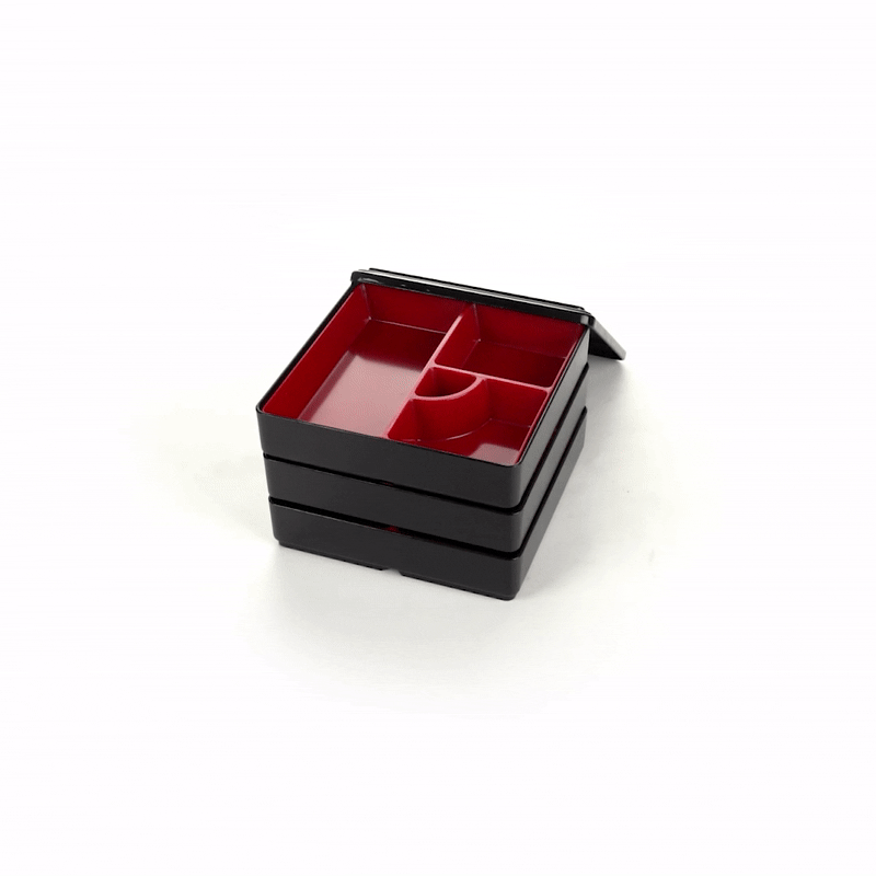 Premium Japanese Bento Box - 3-Layer Square Lunch Container with 4 Compartments, Black & Red Design (8.25