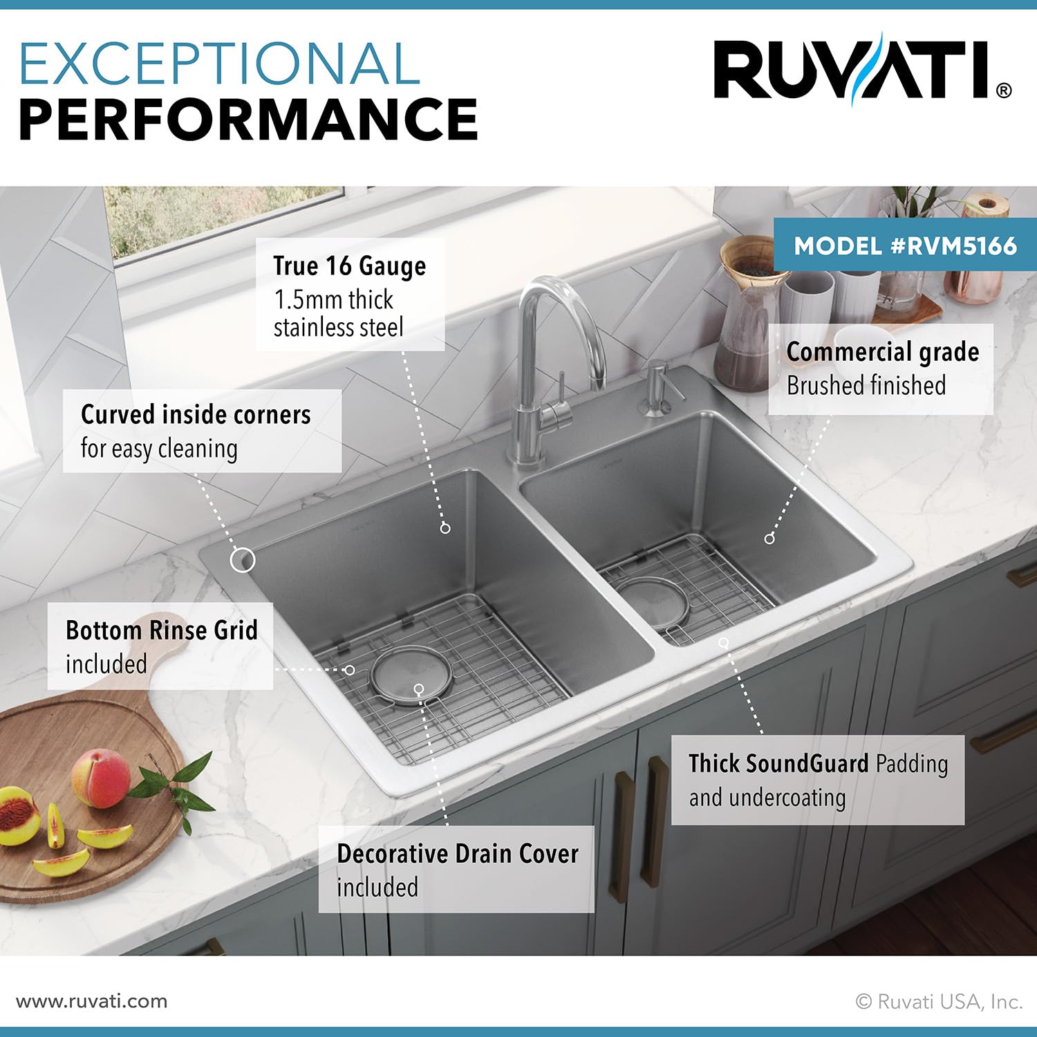 Ruvati 33 x 22 Inch 16 Gauge Stainless Steel 60/40 Double Bowl Drop-in Topmount Kitchen Sink with Brushed Finish - Scratch Resistant, Easy to Clean - Perfect for Modern Kitchens, Restaurants & RV Use - RVM5166