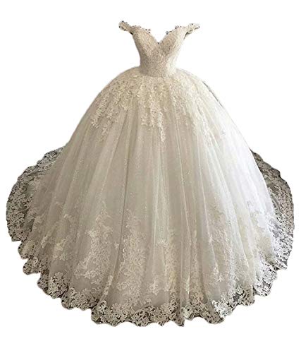 Ri Yun Women's Off-The-Shoulder Lace Wedding Dress – Elegant Bridal Gown with Appliques for Cathedral Ceremonies | Perfect for Beach Weddings, Vow Renewals & Formal Events