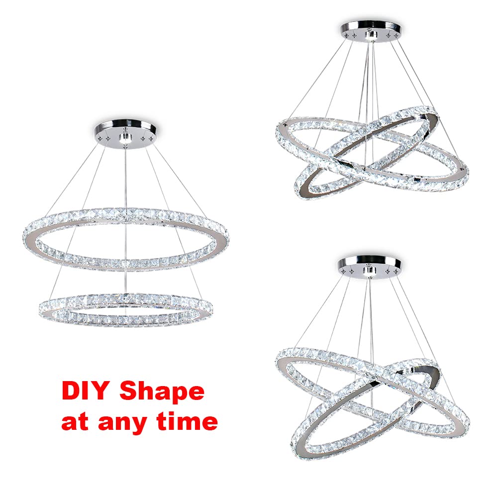 Modern Crystal Chandelier - 2-Tier Oval Pendant Light with Adjustable Height, 6000K Cool White (19.7