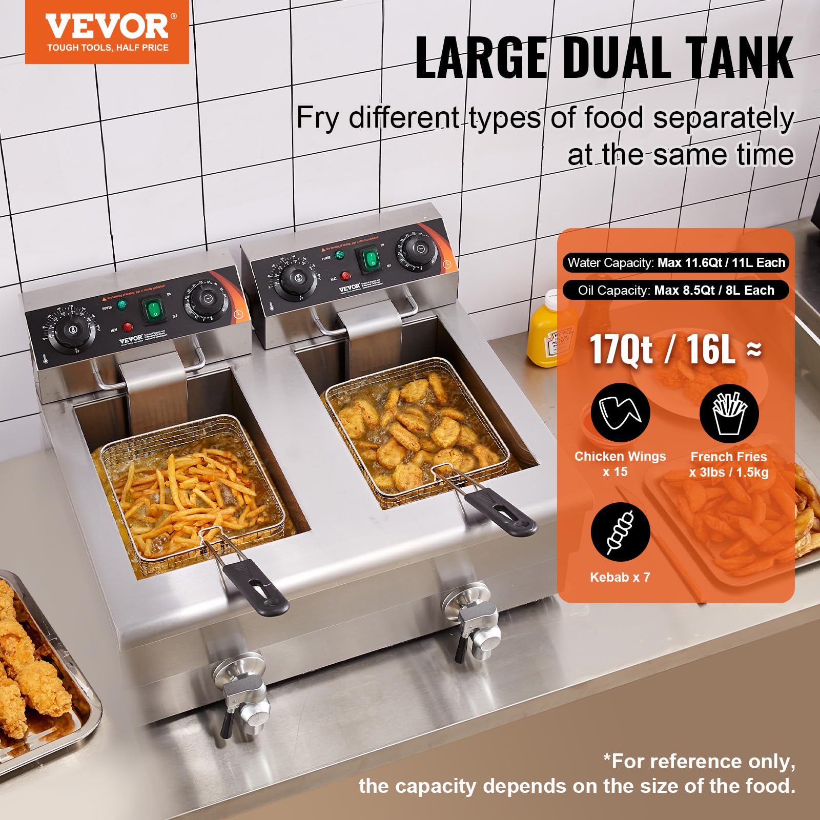 VEVOR 3000W Commercial Dual Tank Electric Deep Fryer with Basket, 2 x 11.6Qt/11L Stainless Steel Oil Fryer with Drain, Timer & Temperature Control - Perfect for Restaurants, Fast Food Shops, and Home Kitchen Use