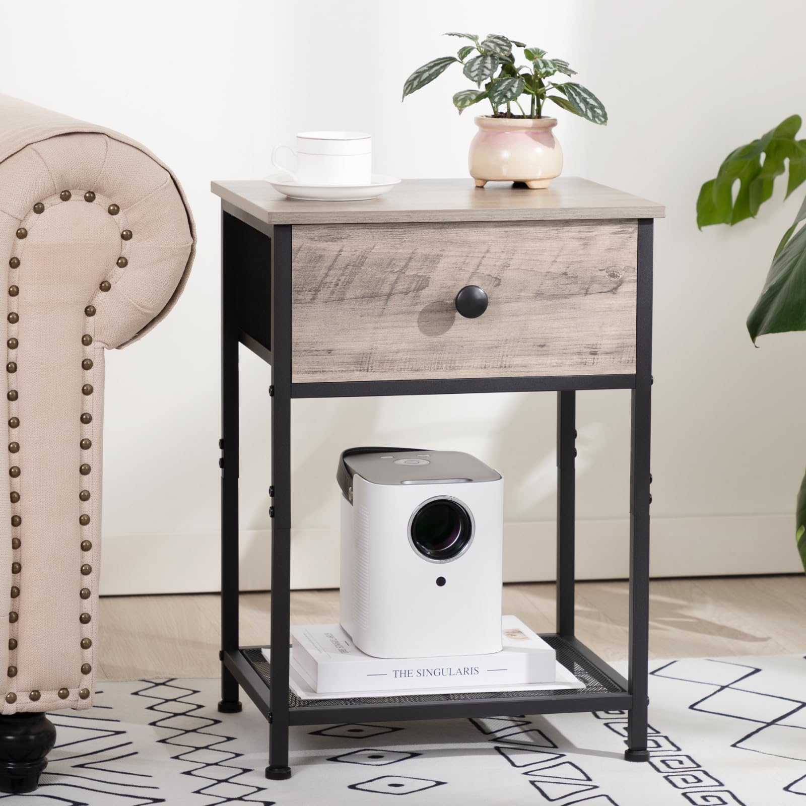 AMHANCIBLE Night Stand Set of 2 - Industrial Style Bedside Tables with Fabric Drawer & Storage Shelf for Bedroom, Living Room - Slim End Tables for Small Spaces in Greige (HET03SDGY) | Perfect for Apartments, Dorms & Cozy Home Decor
