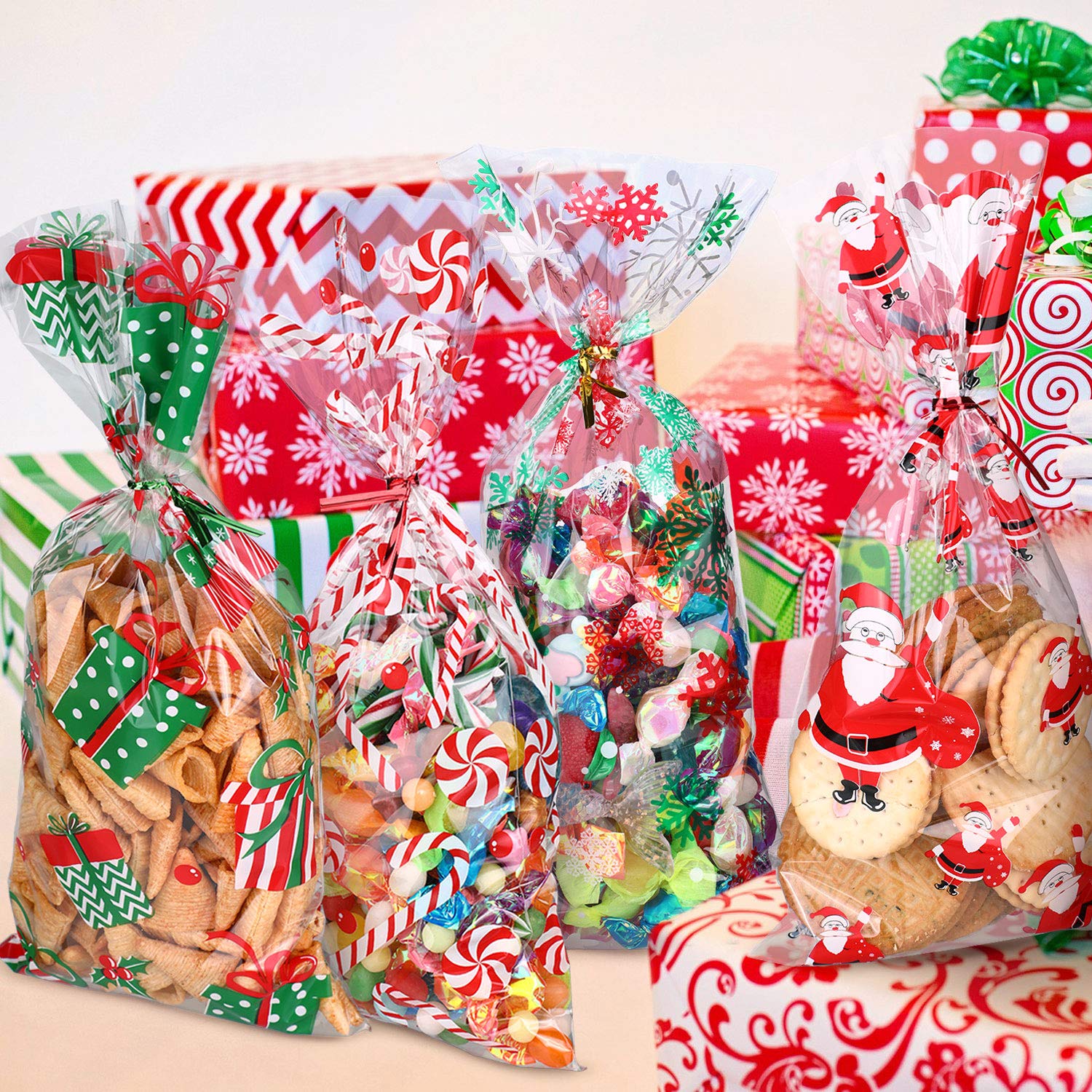 100 Pcs Christmas Cellophane Gift Bags with Ribbon - Holiday Treat Bags for Cookies, Candy & Party Favors - Xmas Winter Party Supplies for Christmas Gifts, Cookie Exchange & Holiday Celebrations