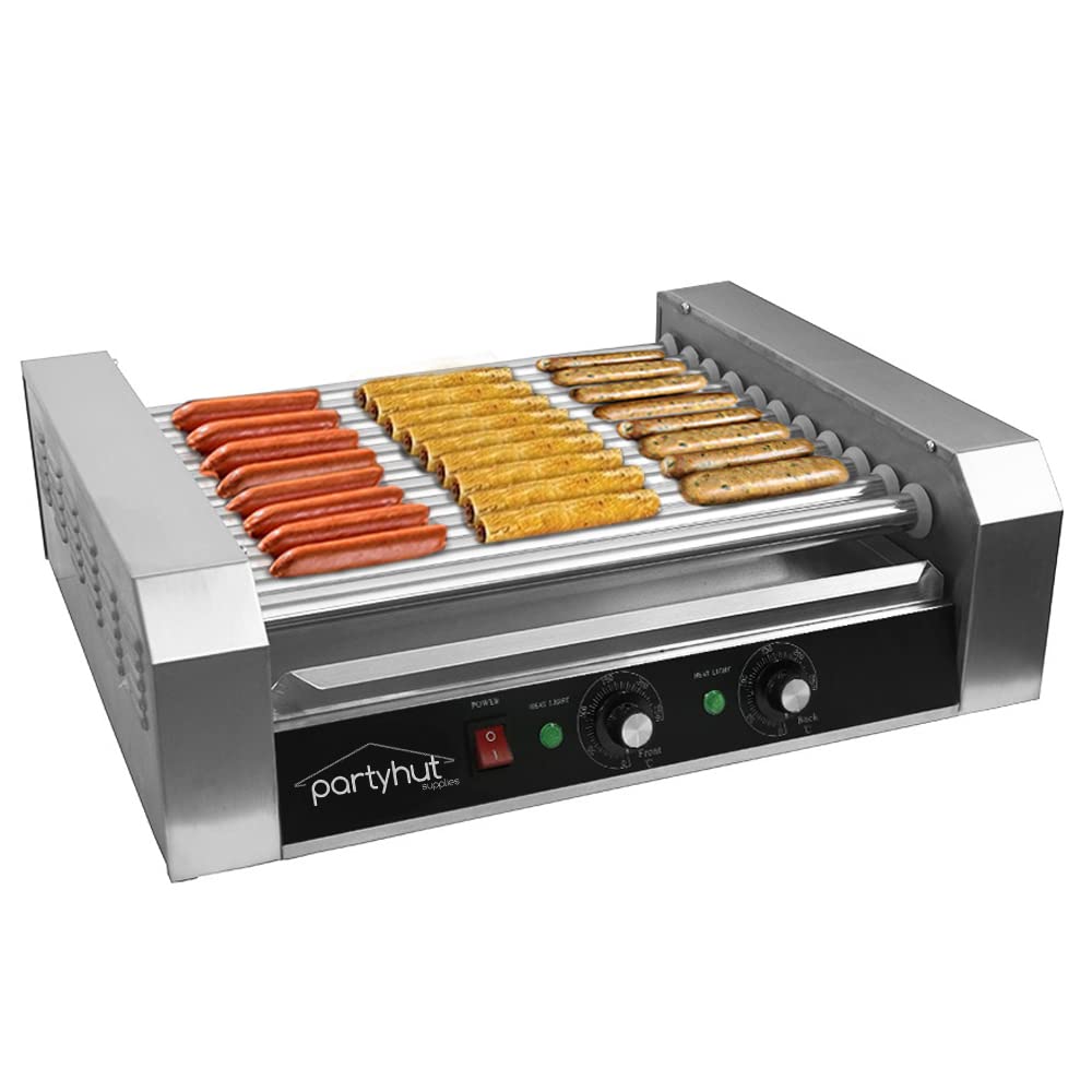 PartyHut 30 Hot Dog Warmer Roller Grill Cooker Commercial Machine - 11 Hotdog Rollers for Restaurants, Food Trucks & Events - Perfect for Catering, Concessions & Outdoor Parties