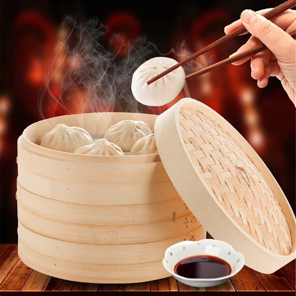 Premium Bamboo Steamer Basket Set - 21cm for Fish, Rice, Vegetables & Snacks | Eco-Friendly Kitchen Cooking Tool with Lid | Perfect for Dim Sum, Meal Prep & Healthy Cooking