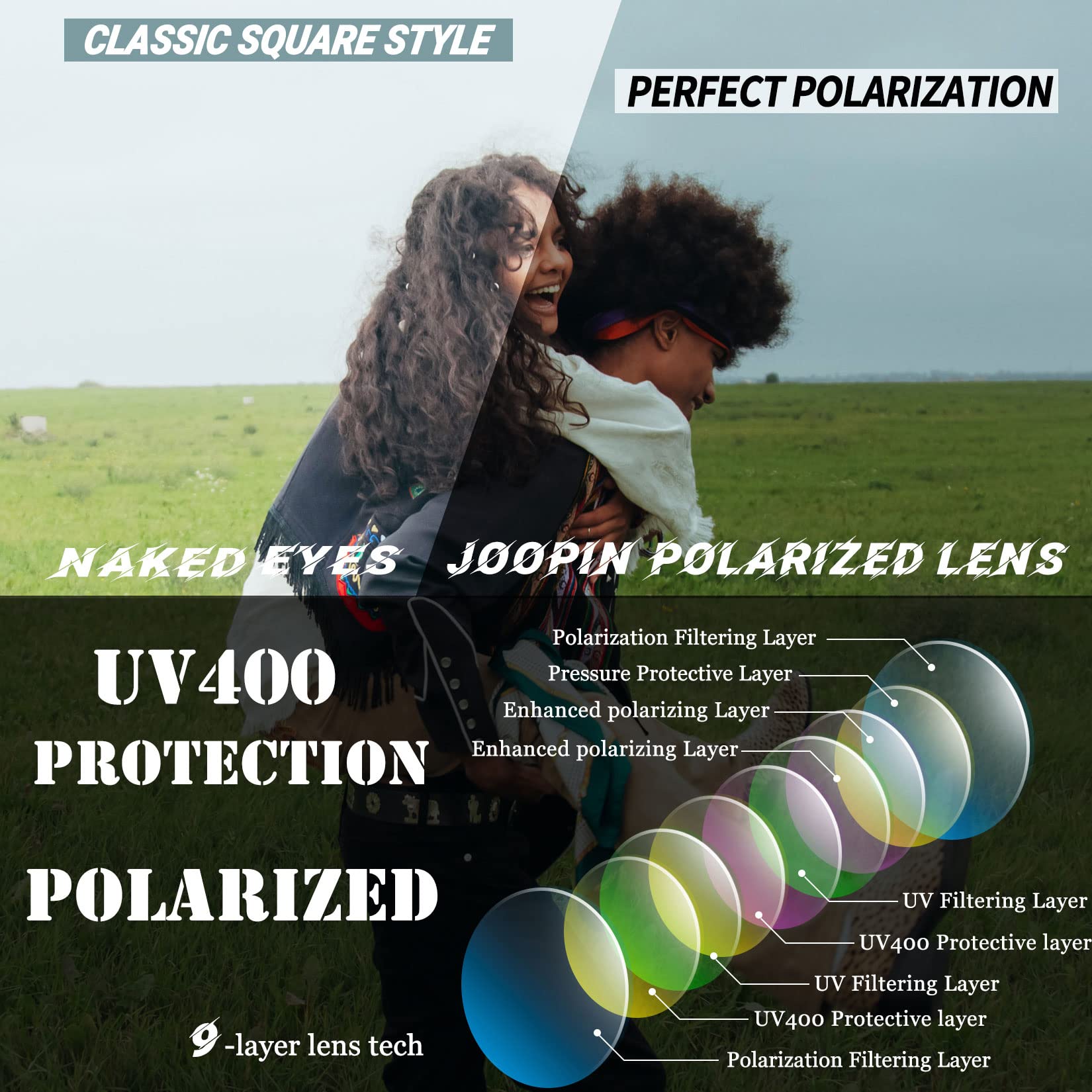 Joopin Square Polarized Sunglasses for Men & Women - UV Protection, Trendy Designer Shades for Outdoor, Driving & Fashion