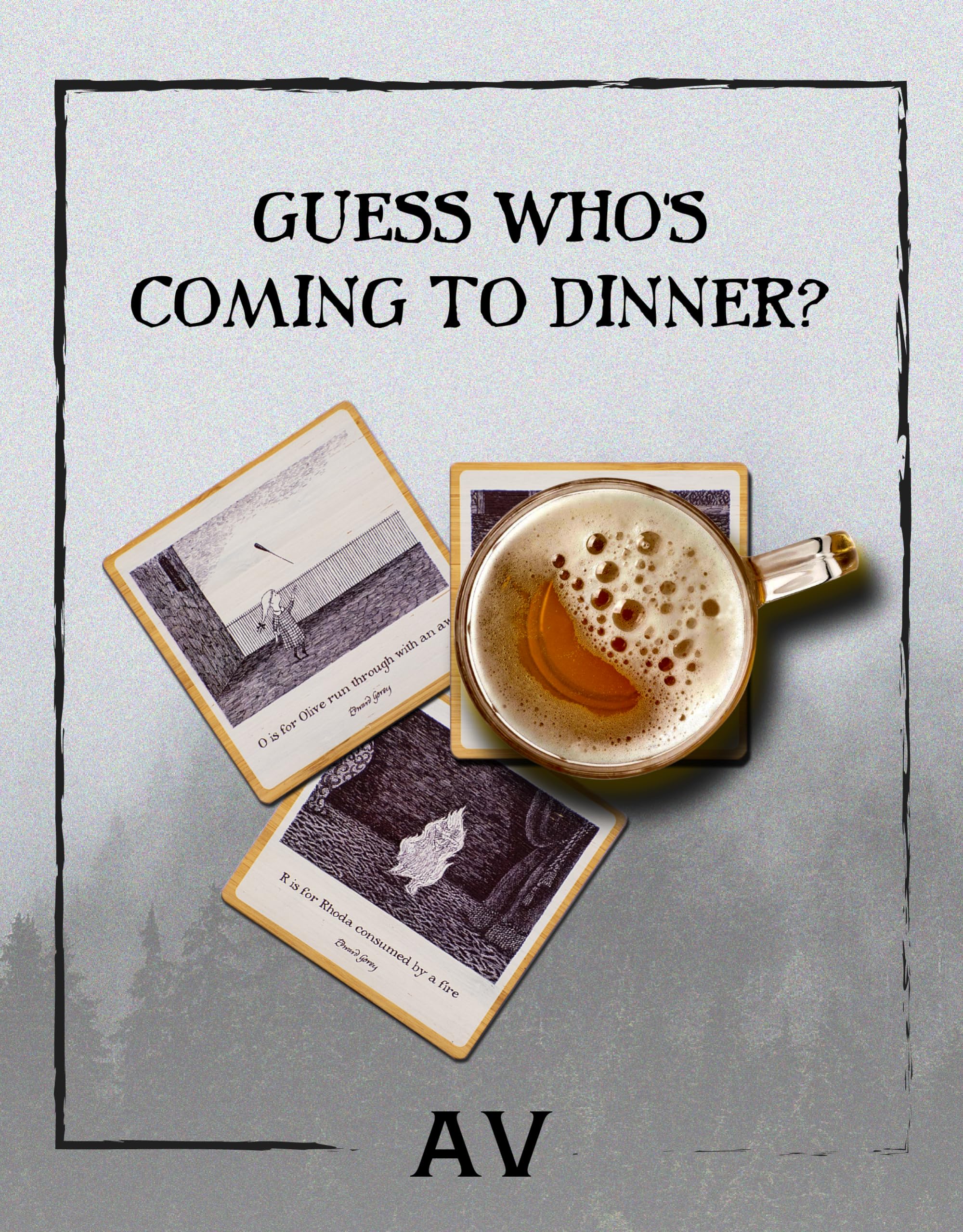 Edward Gorey™ The Gashlycrumb Tinies Laser-Cut Bamboo Coasters Set with Holder - Gothic Home Decor for Coffee Tables, Bars & Dining Rooms - Unique Drink Coasters for Wine, Cocktails & Coffee (Set of 4, G,O,R,E,Y)