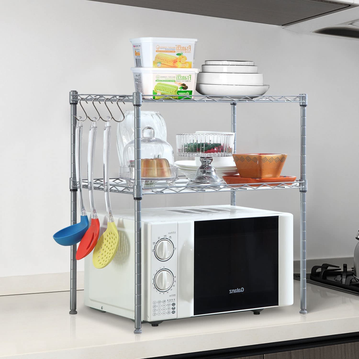 2-Tier Heavy Duty Metal Garage Shelves - Adjustable Wire Storage Rack with 4 Side Hooks for Kitchen, Pantry & Utility Organization - Perfect for Garage Storage, Home Organization & Commercial Use