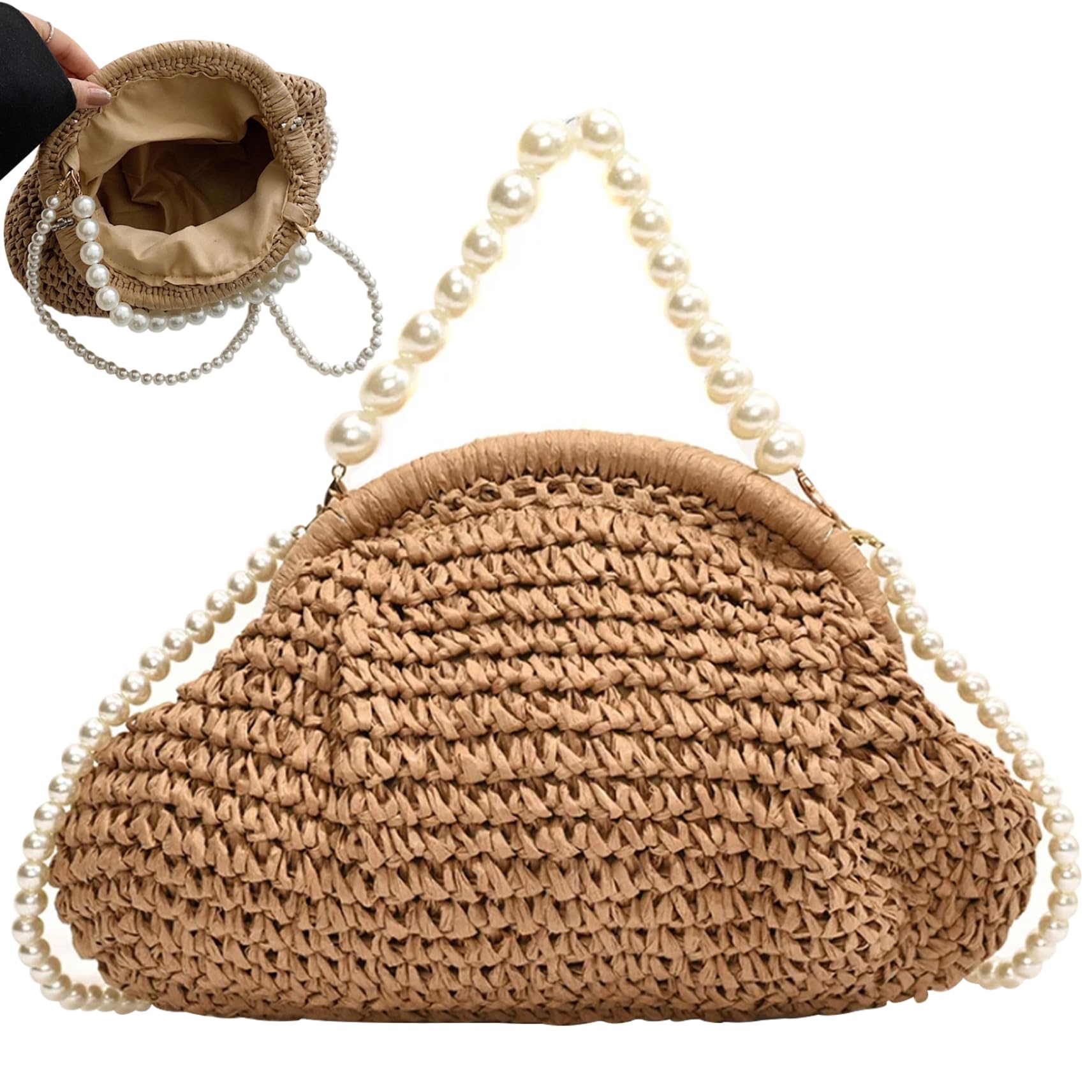 Khaki Straw Crossbody Bag for Women - Woven Clutch with Pearl Chain, Summer Beach Wedding Purse, Portable Shoulder Handbag for Vacation, Travel & Outdoor Events