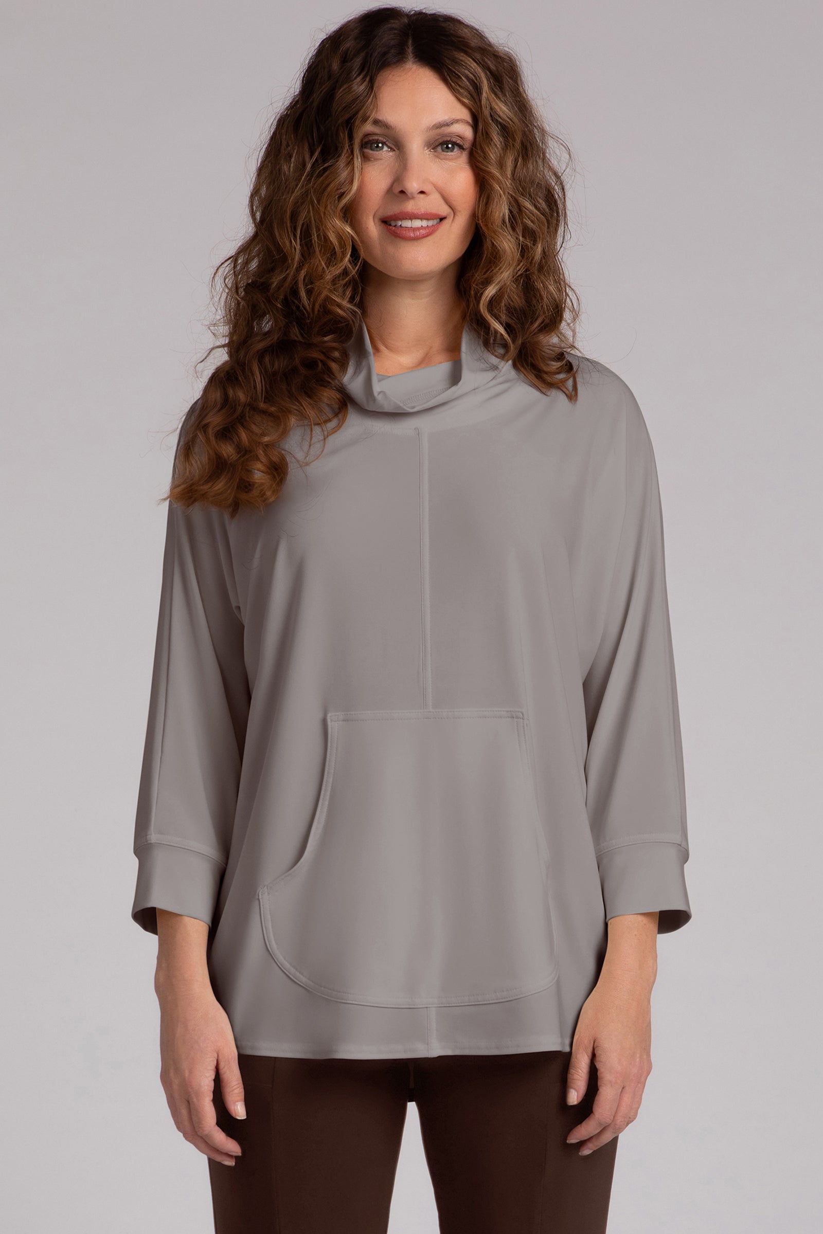 Funnel Neck Pullover Sweater with Kangaroo Pocket - Soft Winter Warm Taupe Knitwear for Women | Cozy Casual Outfit, Layering Essential, Cold Weather Fashion