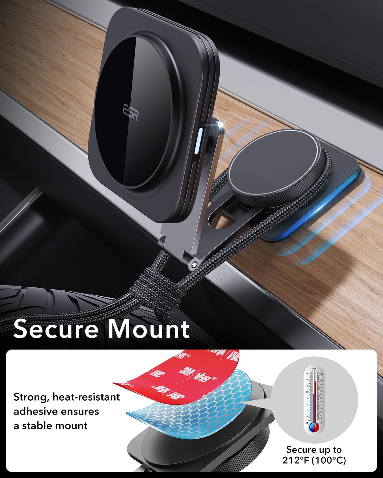 ESR MagSafe Car Mount Charger - Foldable Dashboard Magnetic Wireless Car Charger for Tesla & iPhone 15/14/13/12 - Strong Magnets Phone Holder (Black) | Perfect for Hands-Free Driving & GPS Navigation