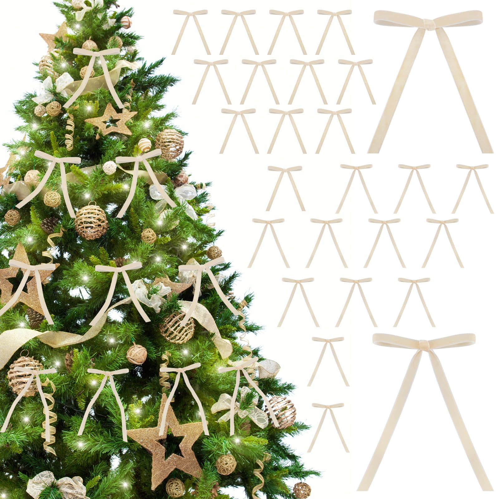 26 Pcs Velvet Christmas Tree Bows - Rustic Velvet Ribbon Bows for Xmas Wreaths, Home Decor, Wedding, Indoor & Outdoor Holiday Decorations (Light Champagne) - Perfect for Tree Trimming, Gift Wrapping & Festive Party Decor