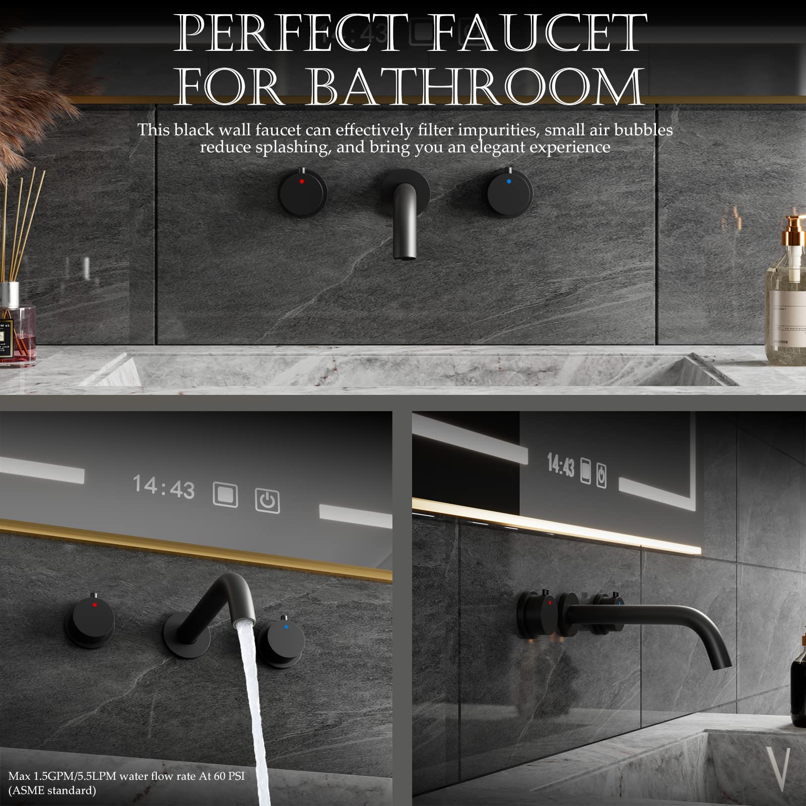 Black Wall Mount Faucet - Double Handle 3 Hole Bathroom Sink Faucet with Rough-in Valve - Perfect for Modern Lavatory Basins and Tub Installations
