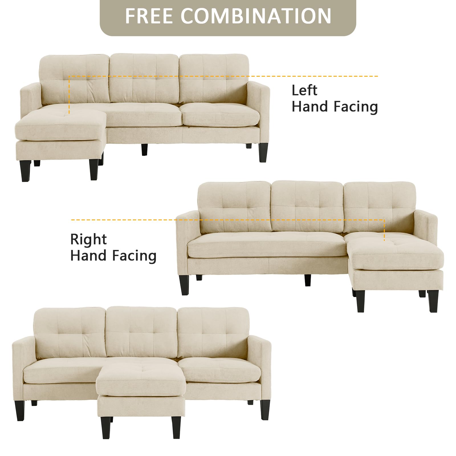 Grepatio Convertible Sectional Sofa Couch - Modern L-Shaped Sofa with Premium Linen Fabric for Small Living Room Spaces, Beige | Perfect for Apartments, Condos & Cozy Home Decor