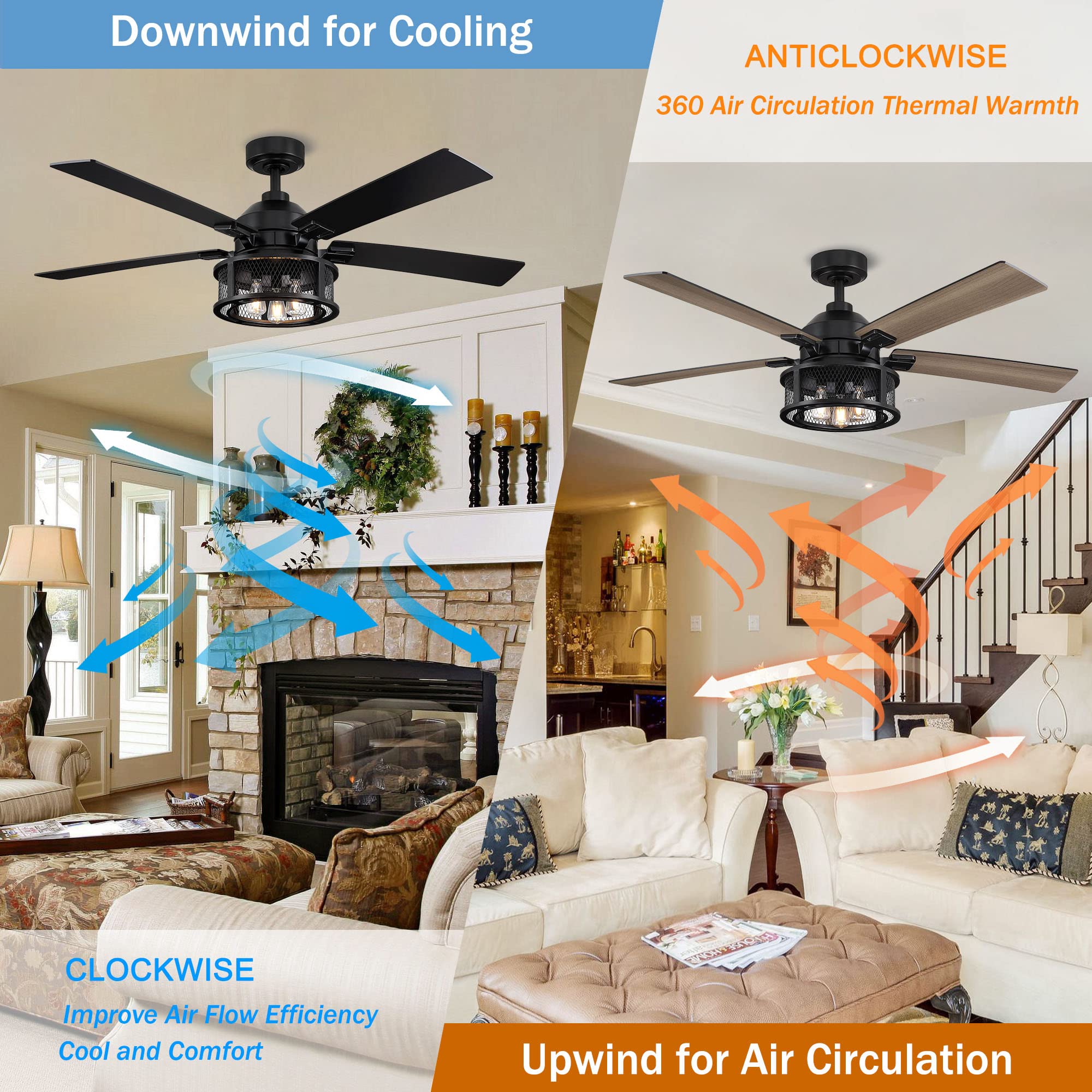 52 Inch Black Farmhouse Ceiling Fan with Remote Control, LED Light and Reversible Blades - Rustic Indoor/Outdoor Ceiling Fan for Bedroom, Living Room, Patio - Perfect for Home Cooling and Stylish Decor