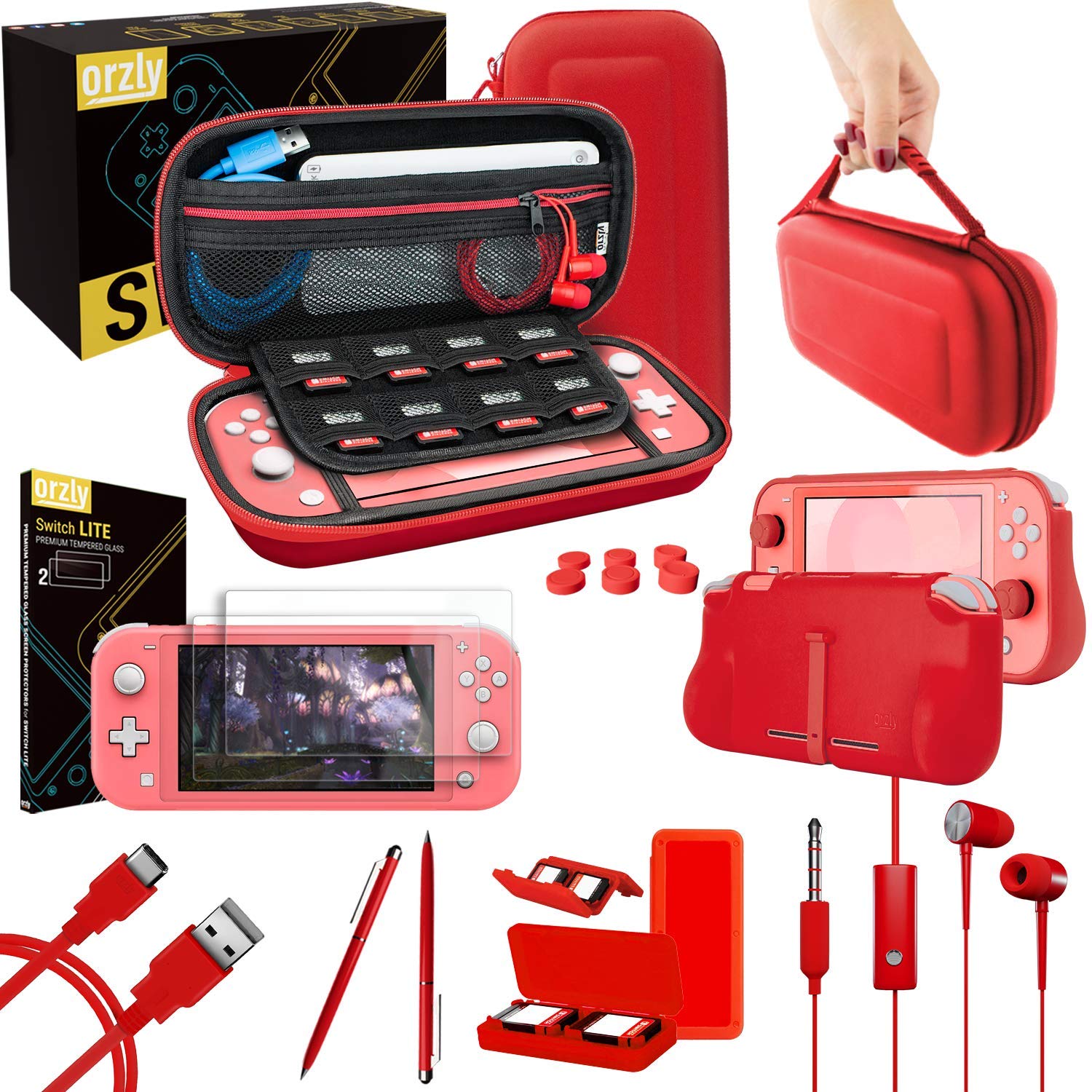 Orzly Switch Lite Accessories Bundle - Protective Case, Tempered Glass Screen Protector, USB Charging Cable, Game Card Holder, Comfort Grip & Thumb Grips for Nintendo Switch Lite (Red) - Perfect for Gaming On-The-Go & Travel Protection