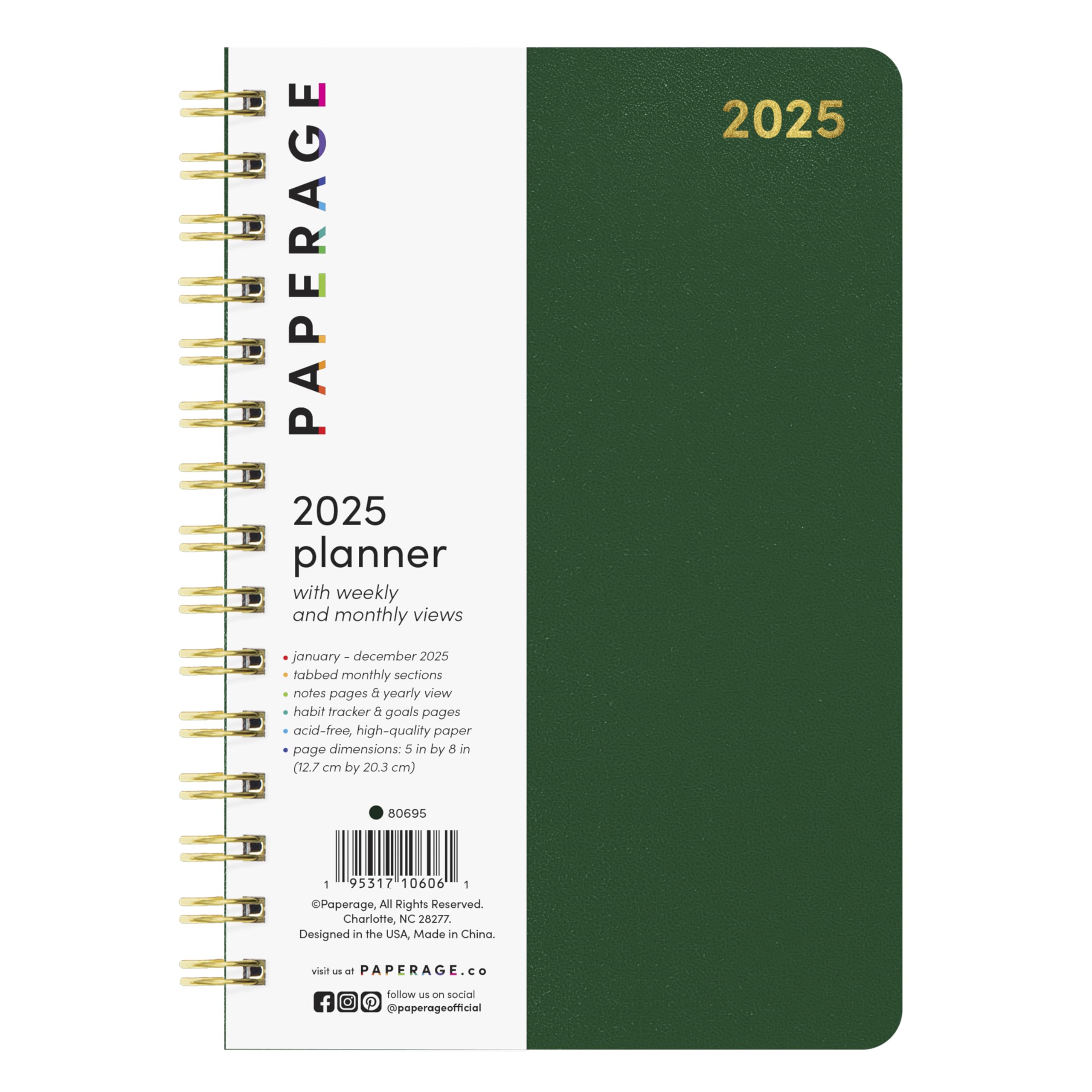 PAPERAGE 2025 Weekly Monthly Spiral Planner - Dark Green 12-Month Academic Planner (Jan-Dec 2025) 5.5