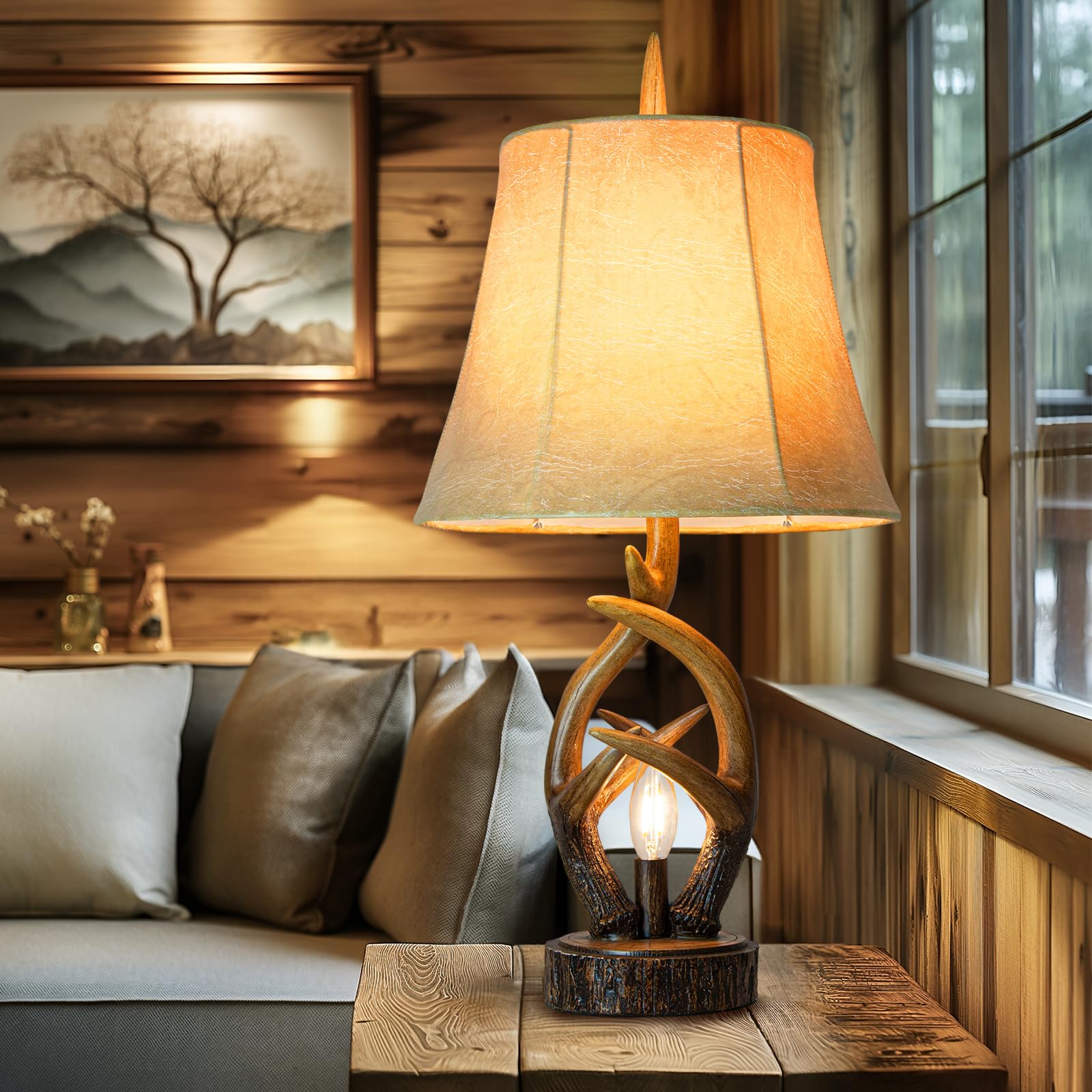 Rustic Farmhouse Antlers Nightstand Lamp Set of 2 - Brown Leather Shade with Dual USB Ports & Nightlight - Bedside Table Lamps for Living Room, Bedroom, Office, Hotel Decor | Perfect for Cozy Reading Nooks and Warm Ambient Lighting