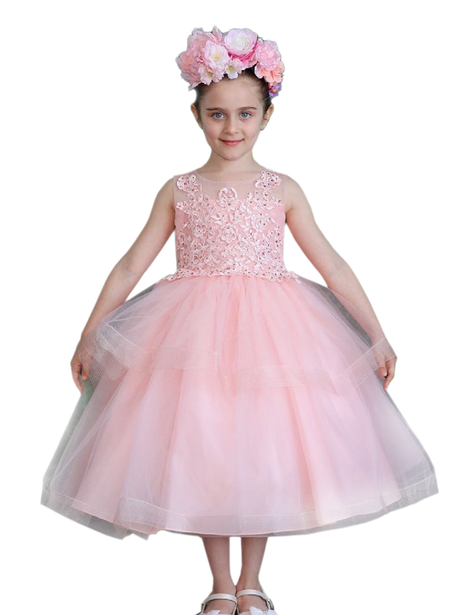 Elegant Pink Illusion Neckline Lace Organza Junior Bridesmaid Dress for Big Girls - Sizes 8-16 | Perfect for Weddings, Proms & Special Occasions