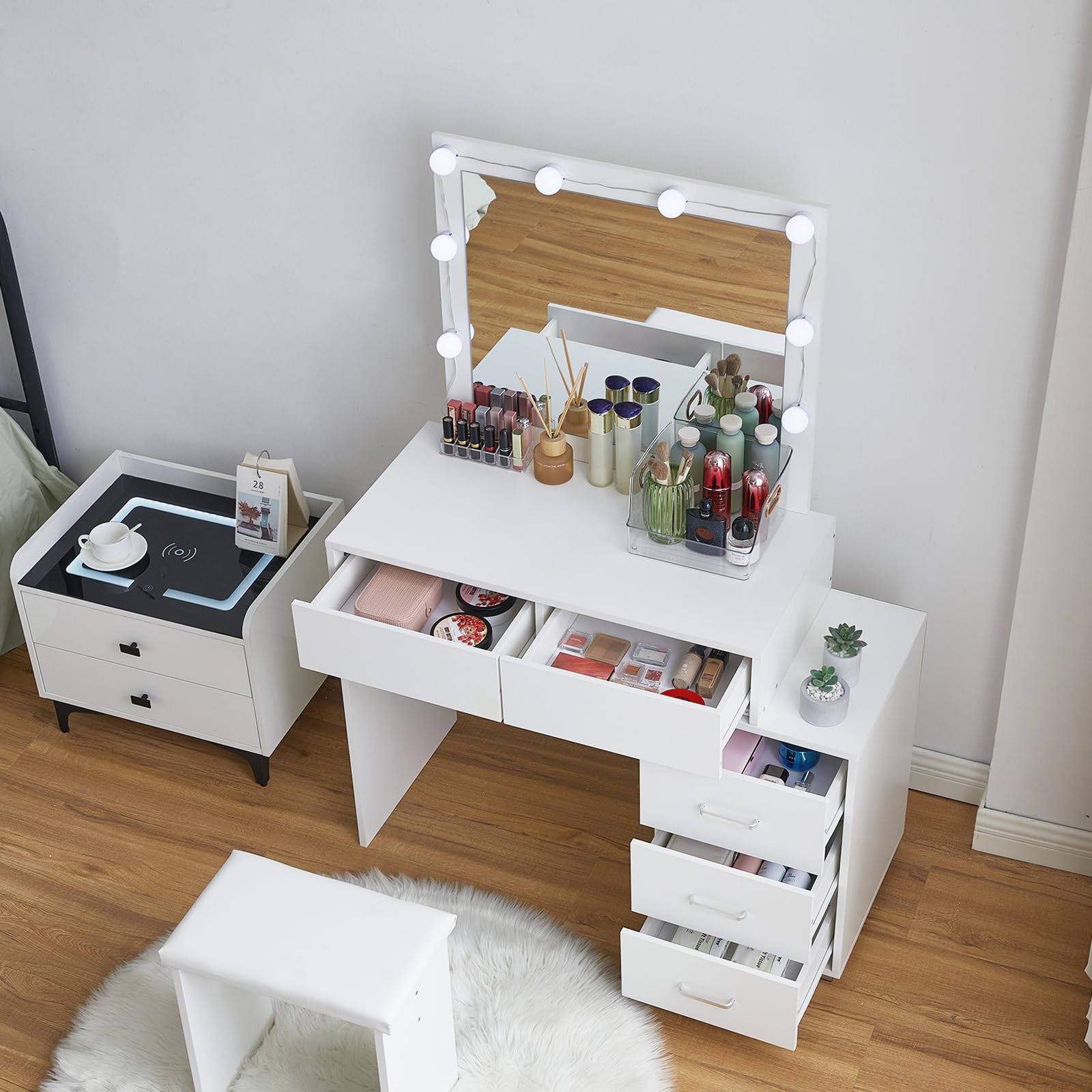 LED Vanity Mirror with Stool - 5-Drawer Makeup Desk for Bedroom