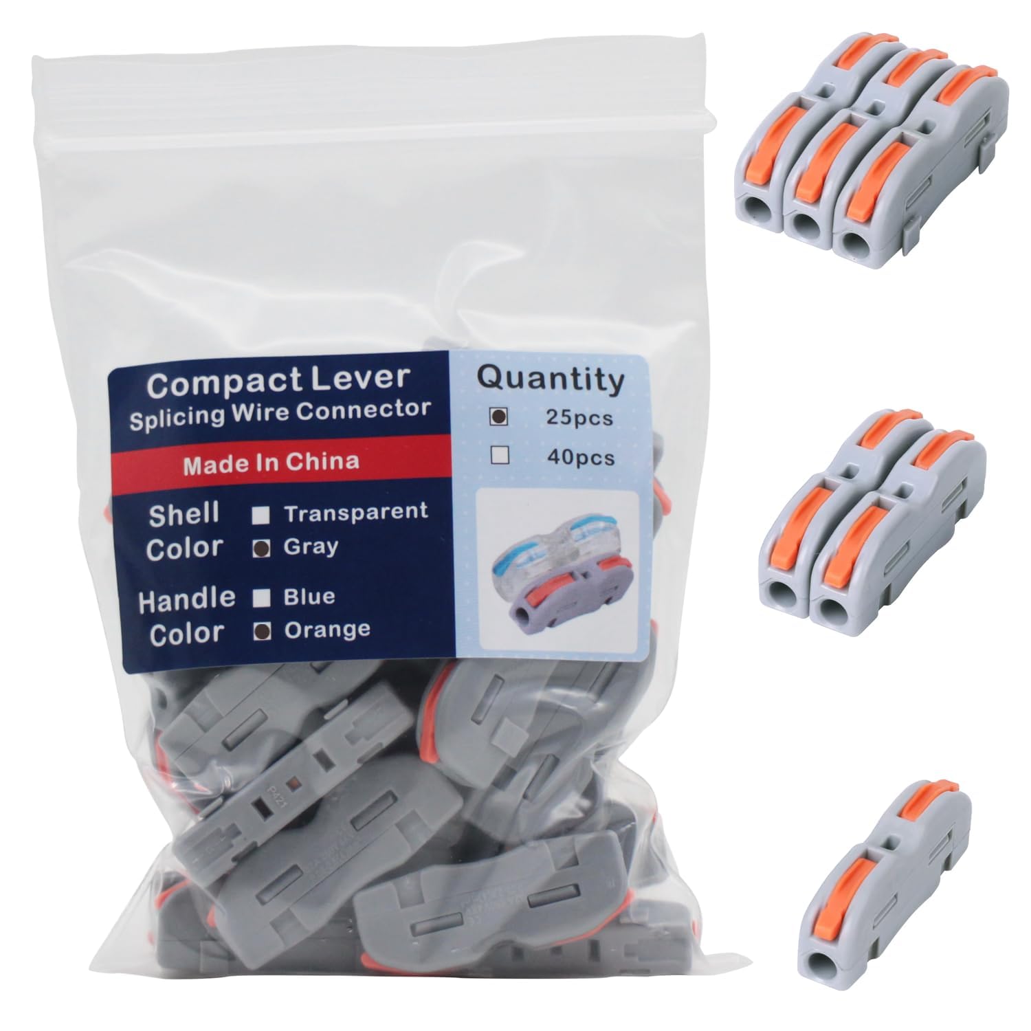 25 Pcs Compact Lever Wire Connectors - 1 Conductor Inline Splicing Connectors with Orange Handle for Flexible & Solid Cables | Electrical Wiring, DIY Projects, Home & Automotive Use